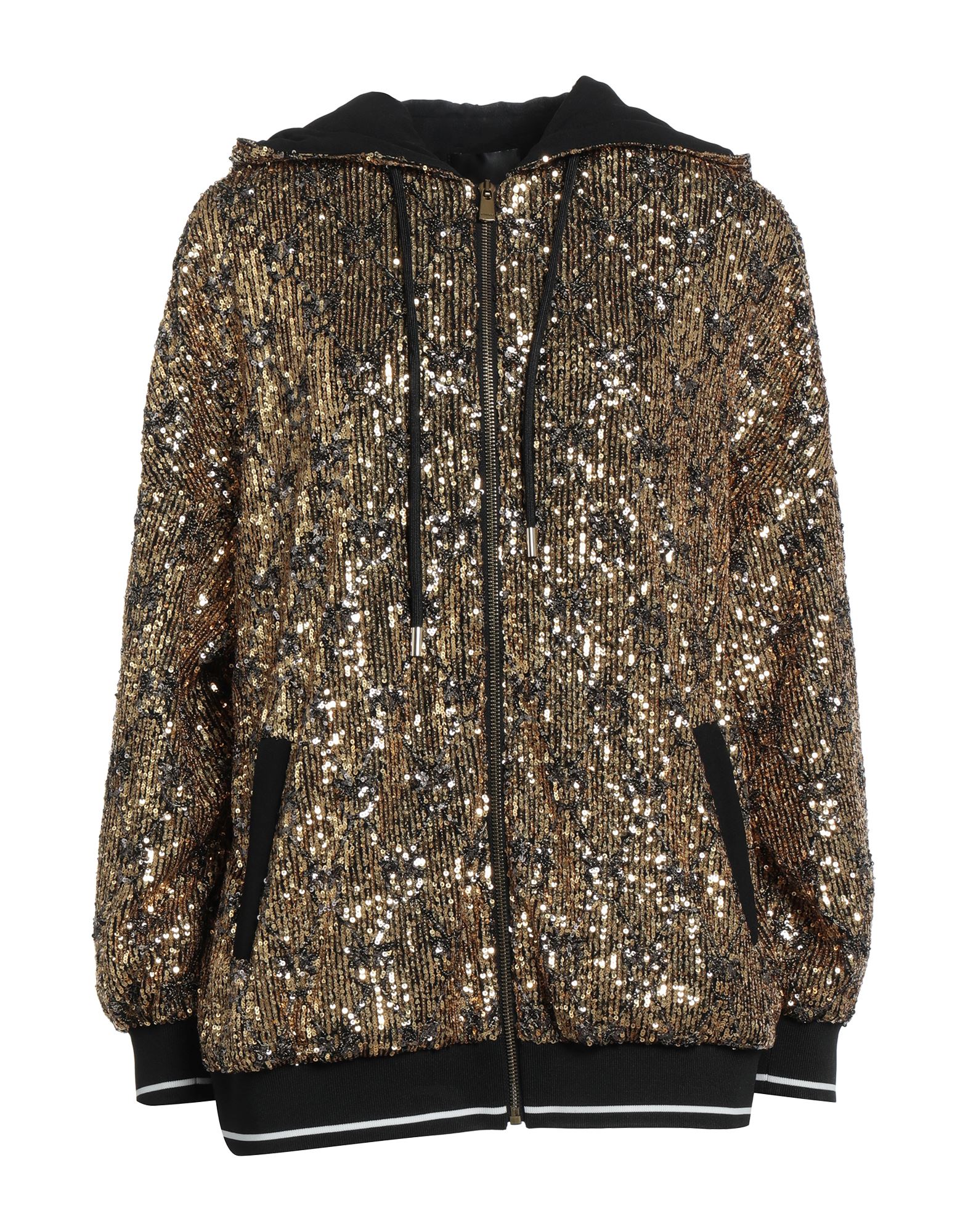 저지, 시퀸, 멀티컬러 패턴, 후드, 싱글브레스티드, 롱 슬리브, 리브 조직 커프스, 지퍼 여밈, 멀티 포켓, 스트레치, 보머 자켓. 이미지