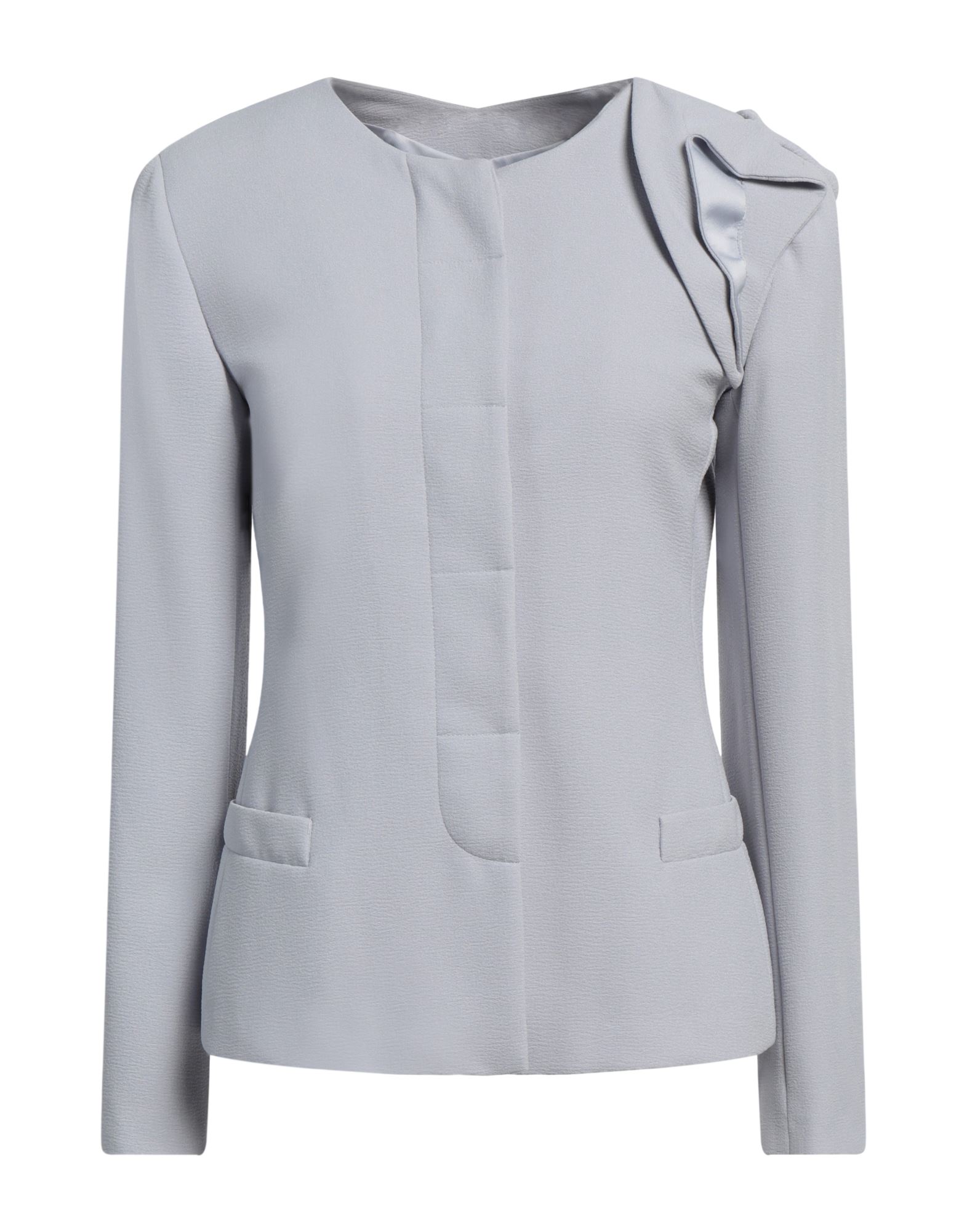 자켓, 크레이프, 솔리드 컬러, 러플, 크루넥, 싱글브레스티드, 롱 슬리브, 어깨 패드, 안감있음, 버튼 여밈, 슬릿 포켓, 스트레치, 드라이클리닝, 표백 금지, 건조기 사용불가. 이미지