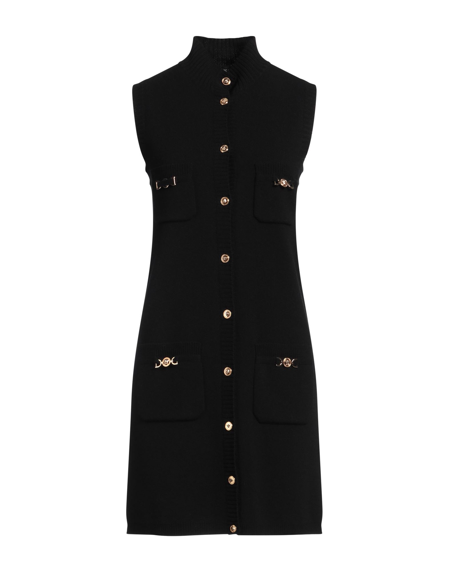 플레어 드레스, 니트 소재, 라이트웨이트 니트, 장식 디테일 솔리드 컬러, 장식 효과, 브랜드 로고, 터틀넥, 슬리브리스, 안감없음, 버튼 여밈, 멀티 포켓, 포켓 2개, 드라이클리닝, 표백 금지, 건조기 사용불가. 이미지