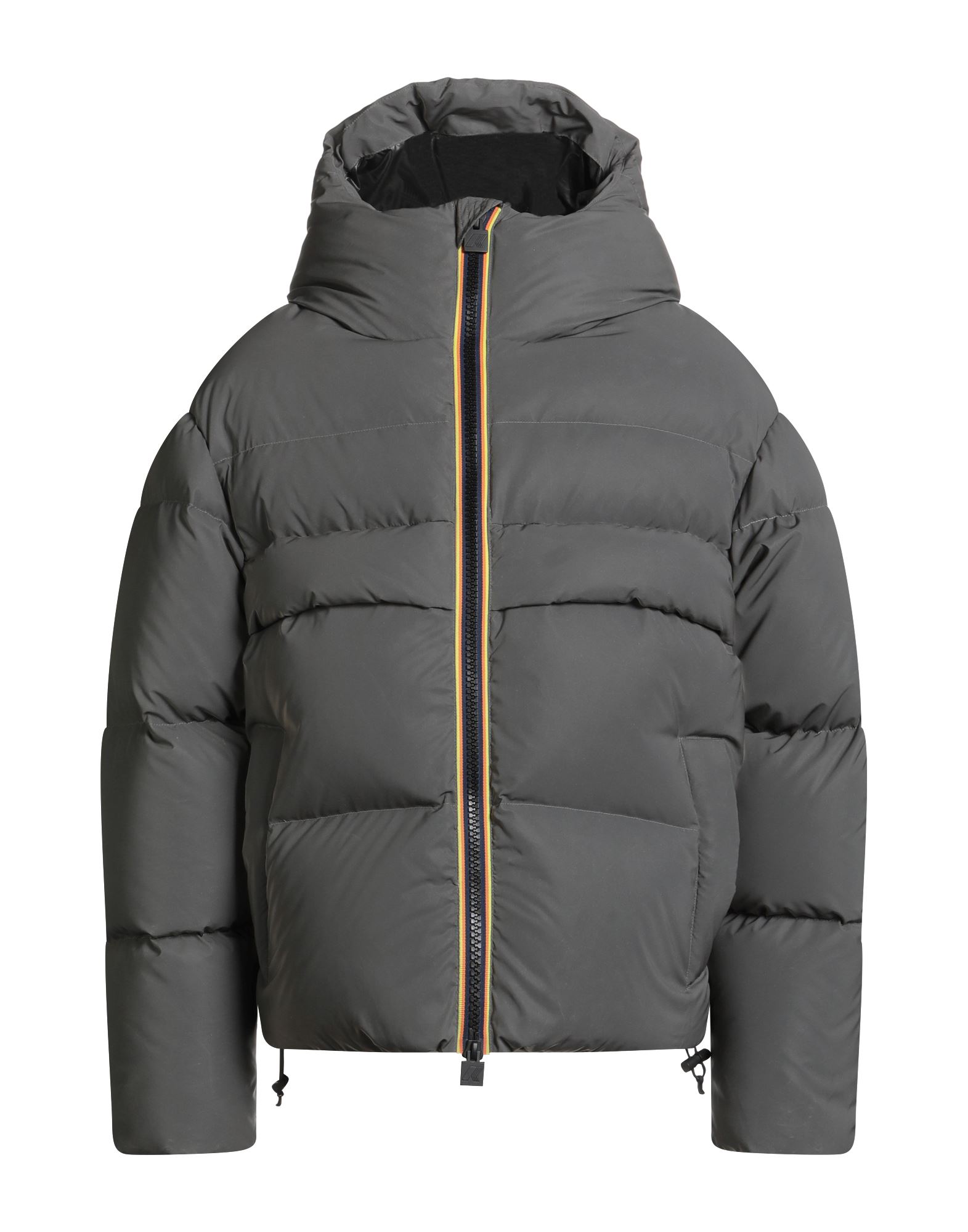 쇼트 다운 자켓, 테크니컬 패브릭, 퀼팅, 장식 디테일 솔리드 컬러, 파이핑 트림, 후드, 싱글브레스티드, 롱 슬리브, 덕 다운 내장, 지퍼 여밈, 내부 포켓, 지퍼 포켓, 드로스트링 헴라인, 동물성 비섬유 자재 함유, 손세탁, 표백 금지, 건조기 사용불가. 이미지