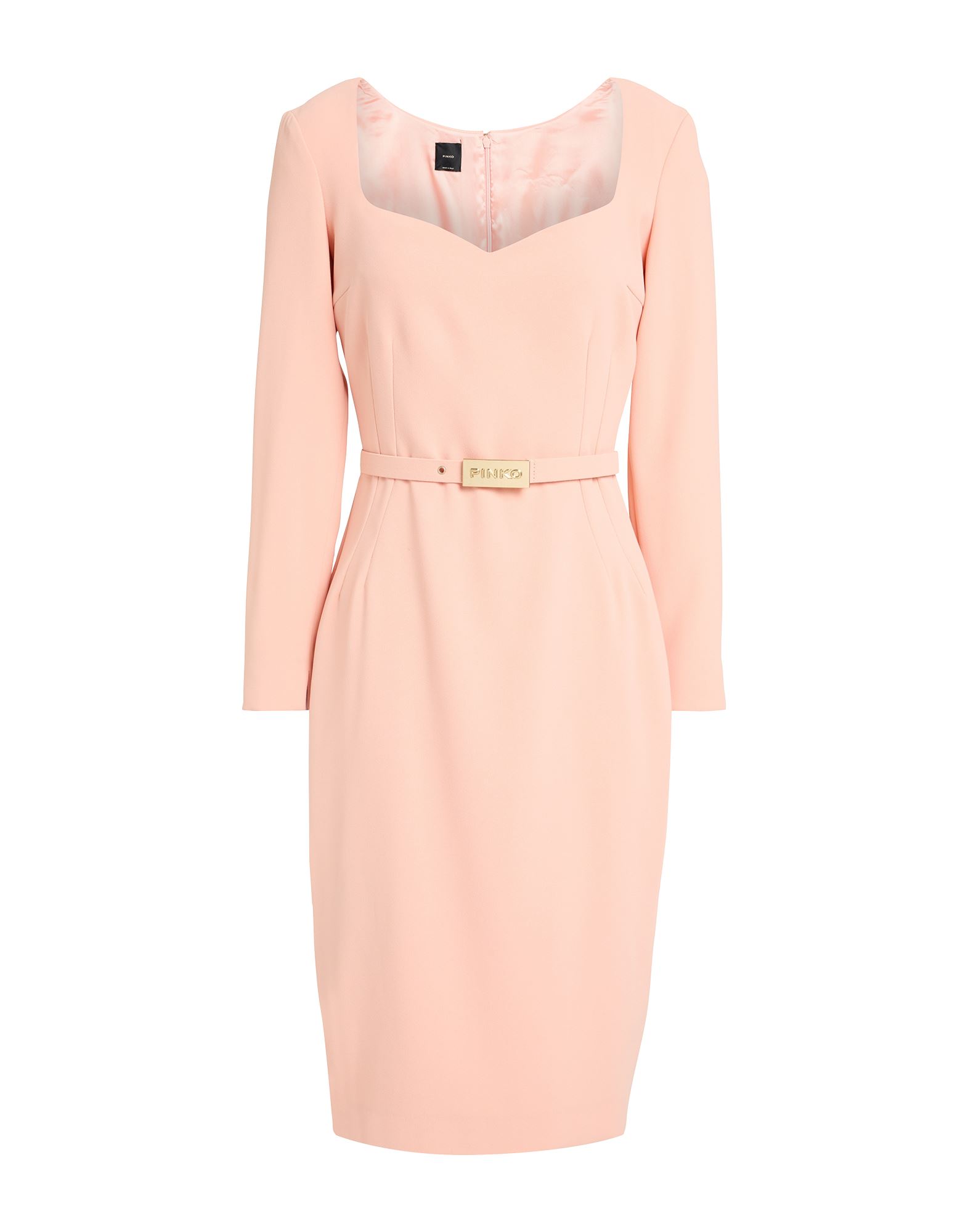 바디콘 드레스, 크레이프, 솔리드 컬러, 벨트, 브랜드 로고, 스위트하트 네크라인, 롱 슬리브, 부분적으로 안감 처리한 내부, 지퍼 여밈, 포켓 없음, 스트레치, 세탁기 세탁 또는 드라이클리닝, 표백 금지, 건조기 사용불가. 이미지