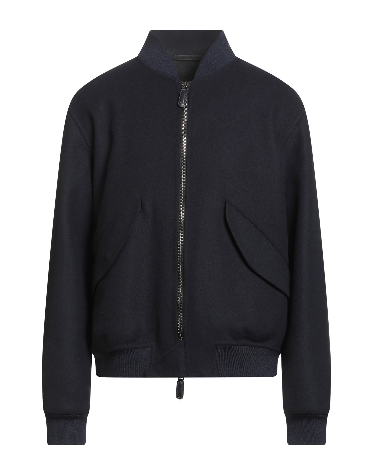 보머 자켓, 펠트, 스트레치 패브릭, 니트 트리밍, 가죽 인서트, 솔리드 컬러, 크루넥, 롱 슬리브, 리브 조직 커프스, 안감없음, 지퍼 여밈, 플랩 포켓, 동물성 비섬유 자재 함유, 드라이클리닝, 표백 금지, 건조기 사용불가. 이미지