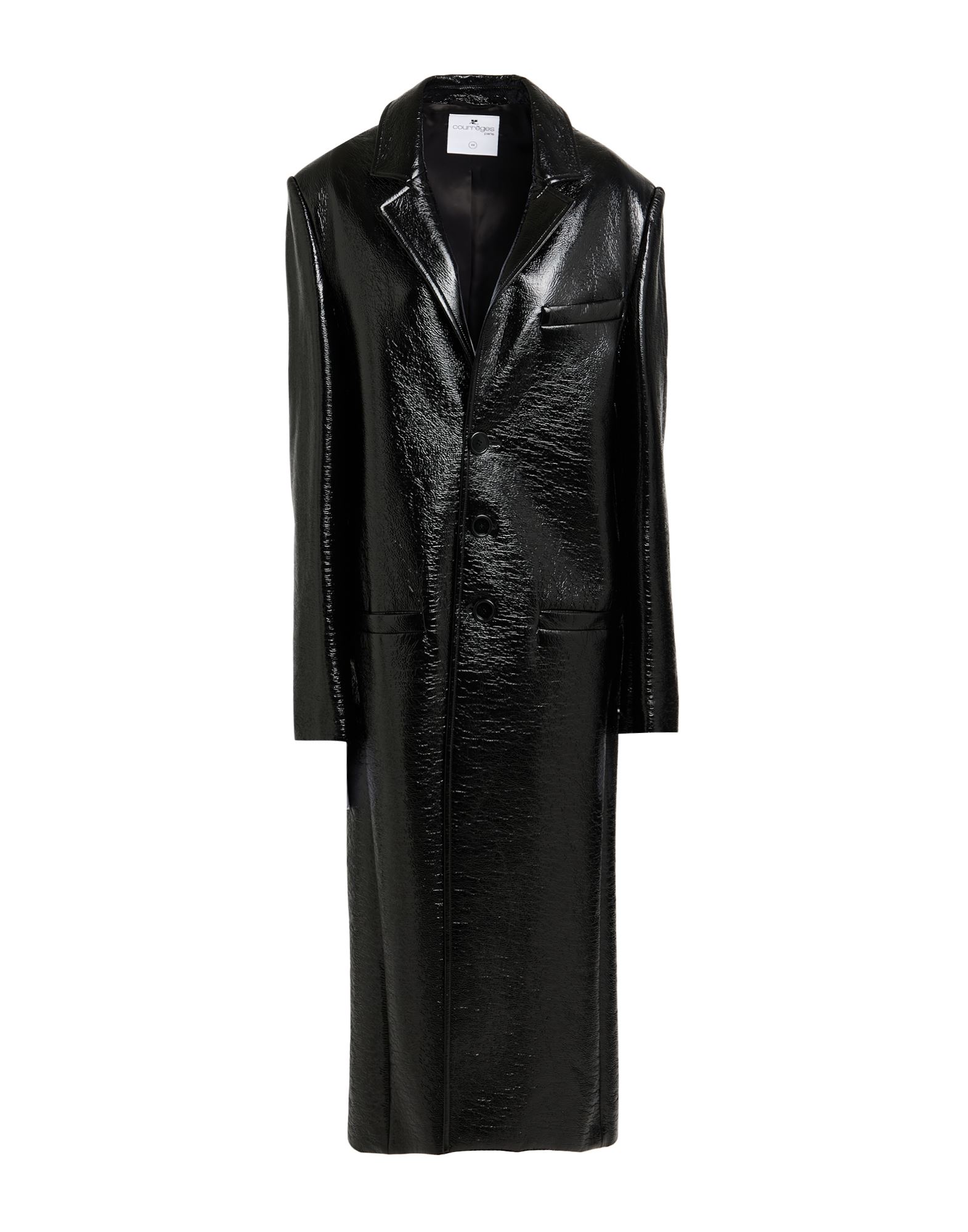 싱글 브레스티드 코트, 인조가죽, 페이턴트 효과, 솔리드 컬러, 장식 부착 없음, 라펠, 롱 슬리브, 안감있음, 버튼 여밈, 포켓 1개, 웰트 포켓, 백 슬릿, 스트레치, 물세탁 불가, 표백 금지, 건조기 사용불가, 다림질 금지. 이미지