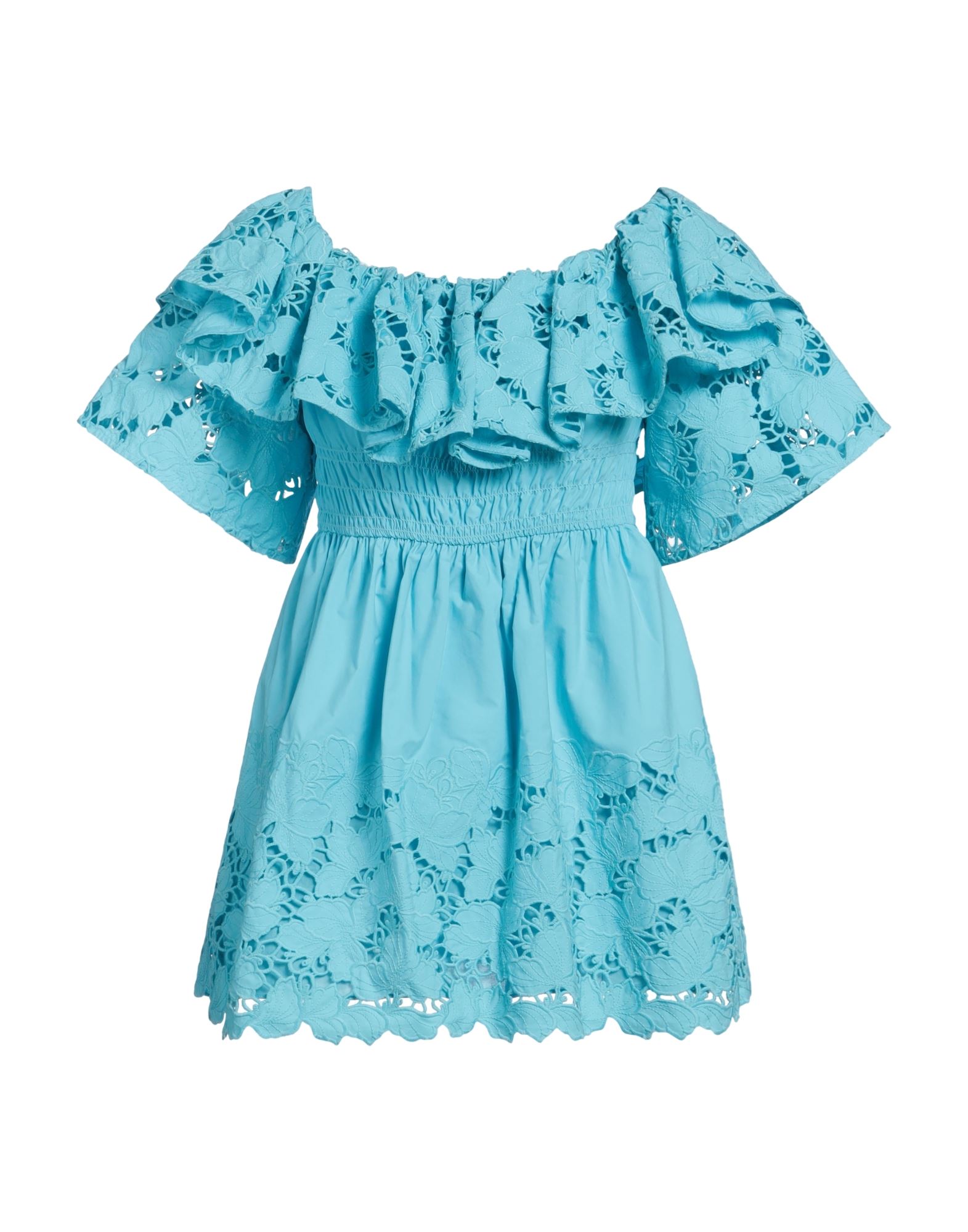 레이스, 장식 부착 없음, 솔리드 컬러, 딥 네크라인, 쇼트 슬리브, 안감없음, 포켓 없음, 트라페즈 스커트. 이미지