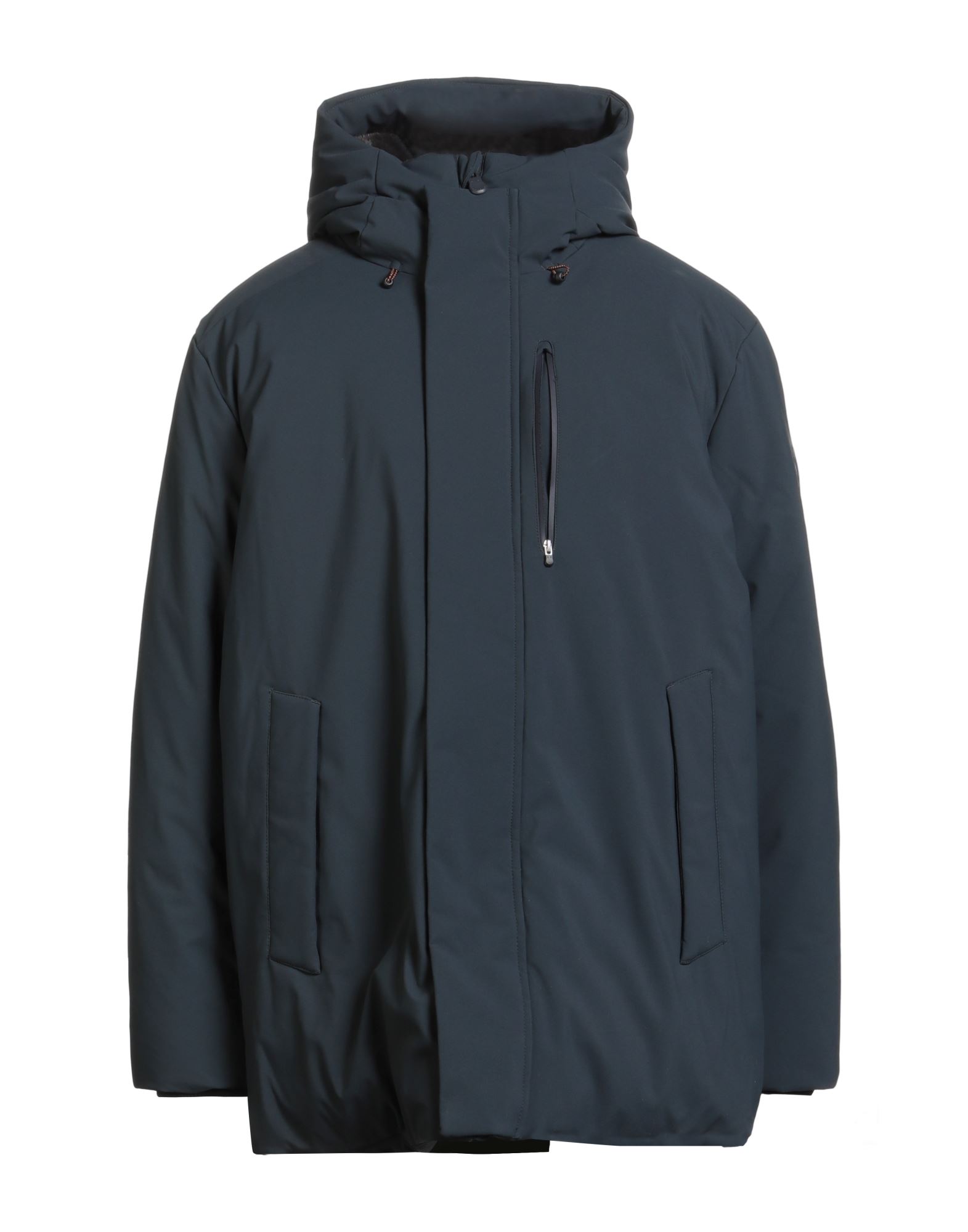 캐주얼 자켓, 테크니컬 패브릭, 솔리드 컬러, 브랜드 로고, 후드, 싱글브레스티드, 롱 슬리브, 합성 충전재, 내부 인조퍼, 지퍼 여밈, 스냅버튼 여밈, 드로스트링 웨이스트, 슬릿 포켓, 지퍼 포켓, 손세탁, 표백 금지, 건조기 사용불가, 다림질 금지. 이미지