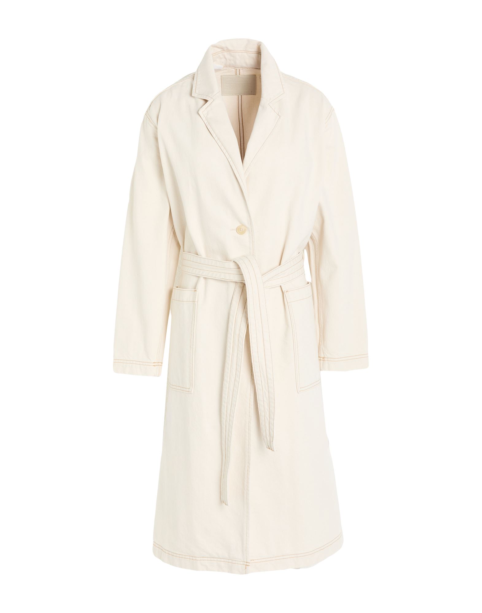 데님 트렌치 코트, 데님, 솔리드 컬러, 벨트, 컬러 워싱, 라펠, 싱글브레스티드, 롱 슬리브, 안감없음, 버튼 여밈, 패치 포켓, 세탁기 세탁 또는 드라이클리닝, 표백 금지, 건조기 사용가능. 이미지