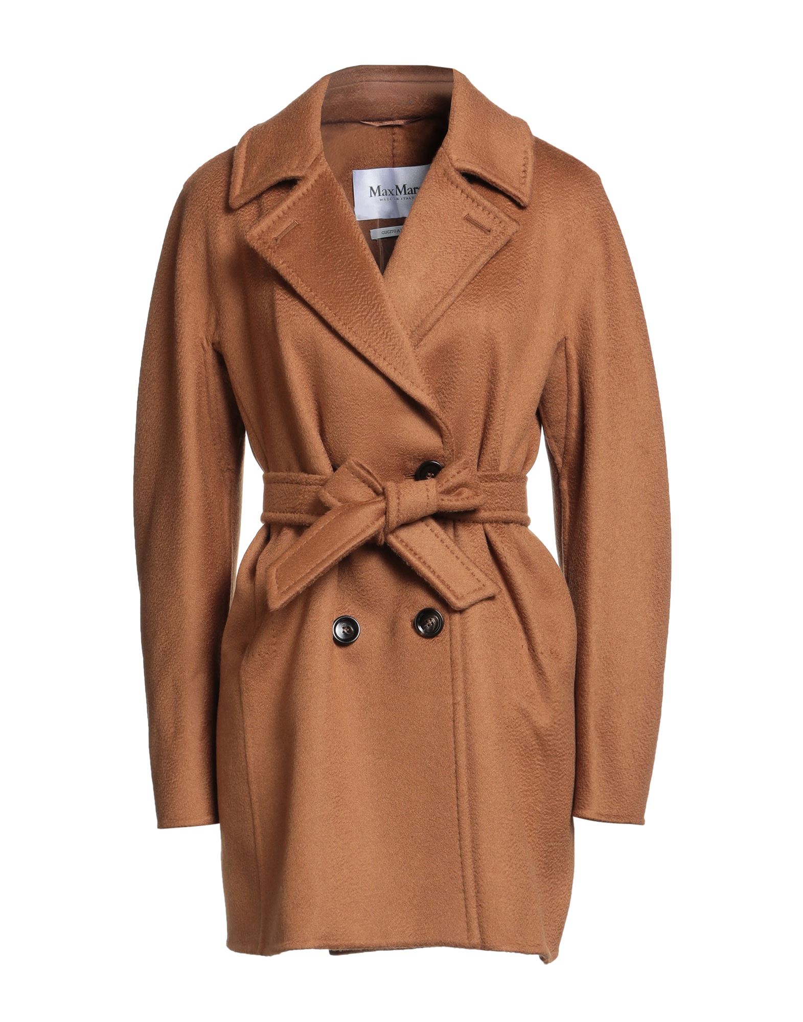 벨티드 코트, 캐시미어, 브러시드 펠트, 벨트, 솔리드 컬러, 라펠, 더블브레스티드, 롱 슬리브, 안감없음, 버튼 여밈, 슬릿 포켓, 동물성 비섬유 자재 함유, 드라이클리닝, 표백 금지, 건조기 사용불가, 편안함과 우아함이 결합된 격식을 갖춘 세련된 포멀 오피스 룩, 이 브랜드는 사이즈가 크게 나옵니다. 이미지