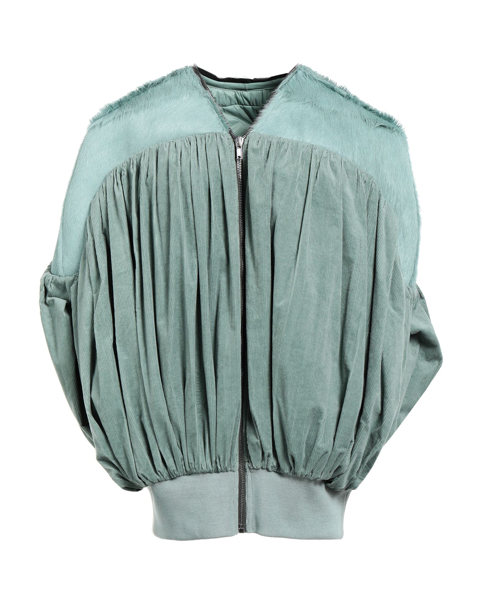 보머 자켓, 벨벳, 카프 헤어, 개더 디테일, 솔리드 컬러, 크루넥, 쇼트 슬리브, 합성 충전재, 라이트 패딩, 지퍼 여밈, 포켓 없음, 동물성 비섬유 자재 함유, 전문 세탁 또는 드라이클리닝, 건조기 사용불가. 이미지