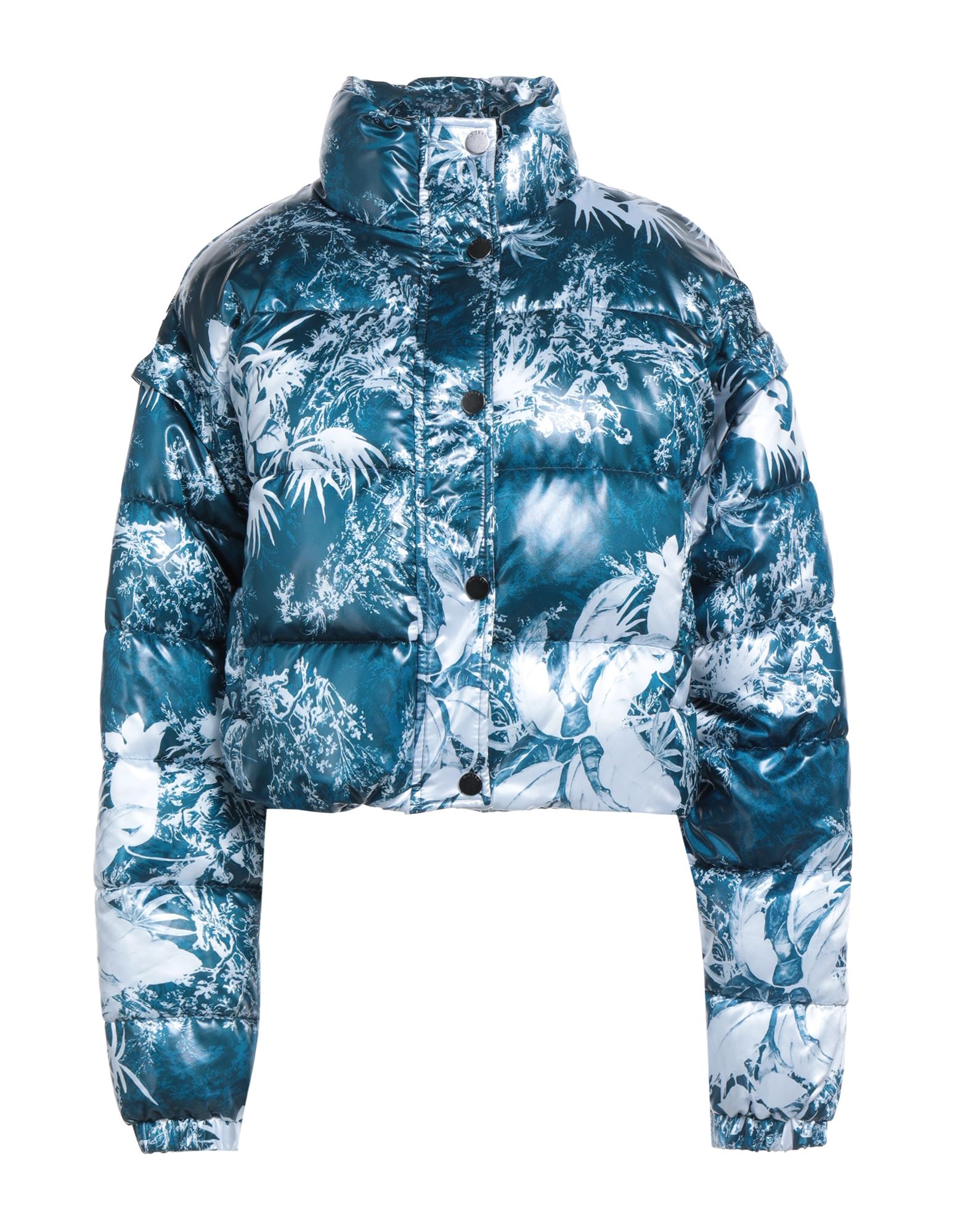 쇼트 패딩 자켓, 테크니컬 패브릭, 플로럴 모티브, 장식 부착 없음, 터틀넥, 싱글브레스티드, 롱 슬리브, 합성 충전재, 스냅버튼 여밈, 지퍼 여밈, 멀티 포켓, 손세탁, 표백 금지, 건조기 사용불가. 이미지