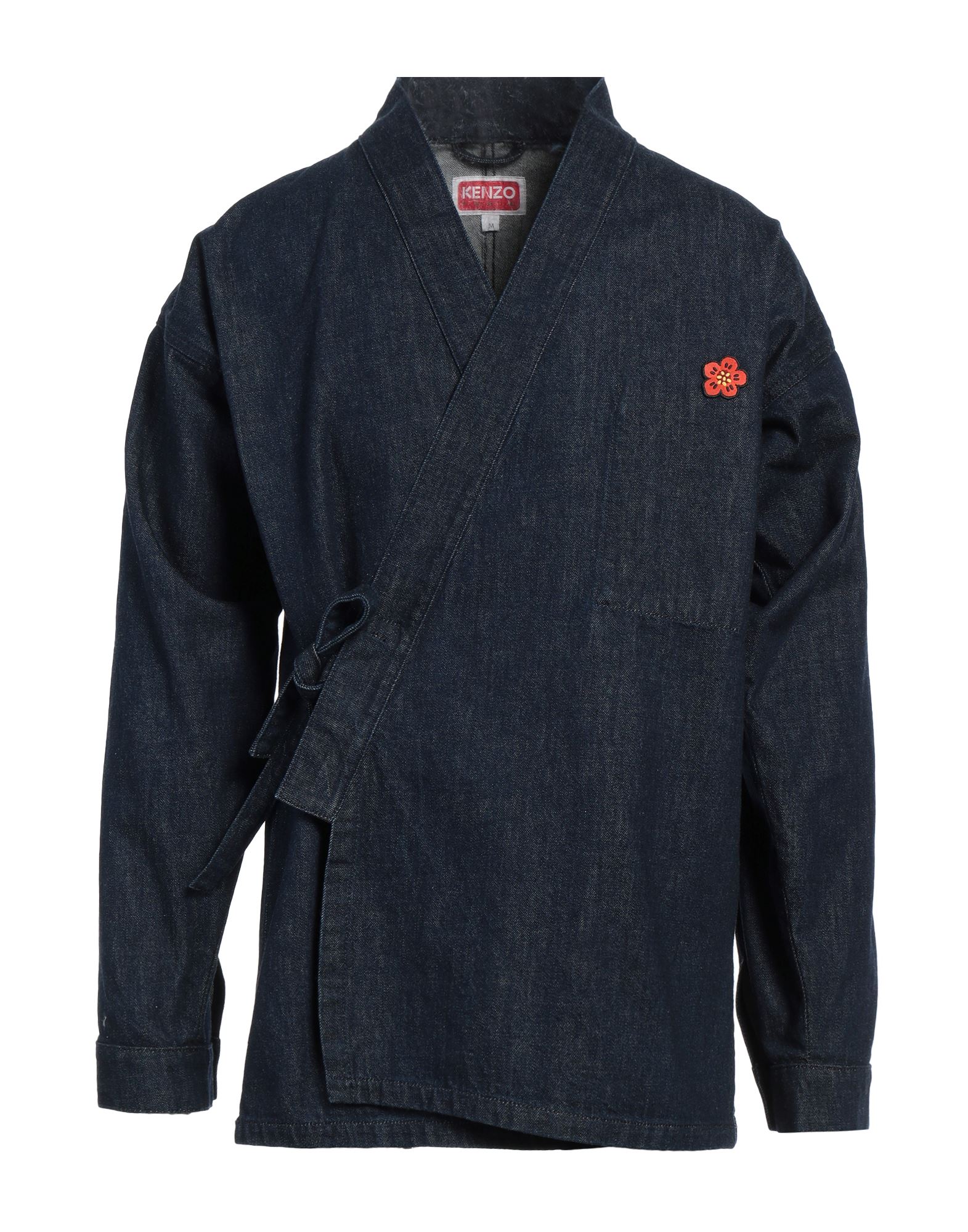 데님 자켓, 데님, 바랜 효과, 장식 부착 없음, 솔리드 컬러, 다크 워싱, 딥 네크라인, 싱글브레스티드, 롱 슬리브, 안감없음, 타이 여밈, 포켓 없음, 드라이클리닝, 표백 금지, 건조기 사용불가, 이 브랜드는 사이즈가 크게 나옵니다. 이미지