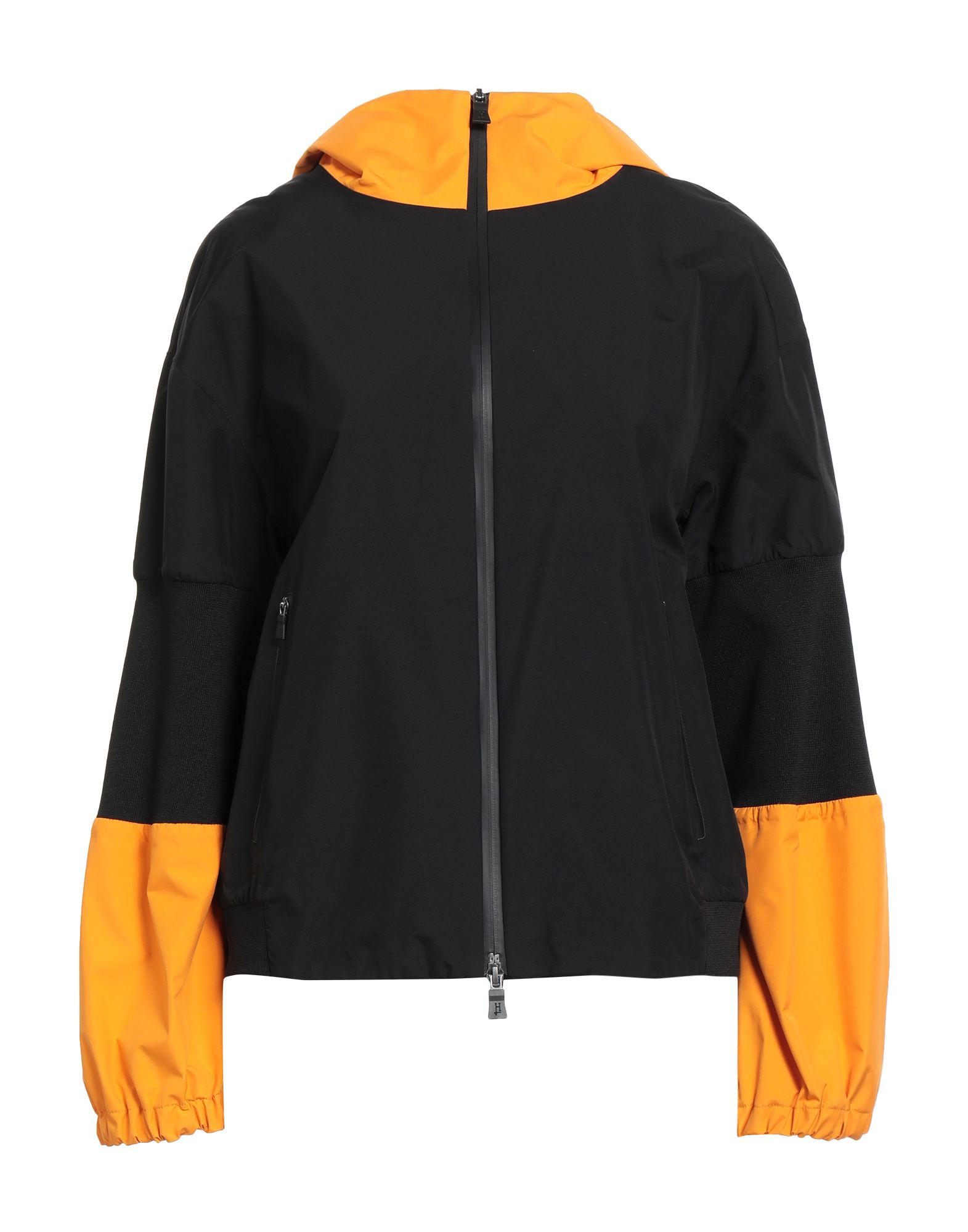 캐주얼 자켓, 테크니컬 패브릭, 투톤 패턴, 브랜드 로고, 니트 트리밍, 후드, 싱글브레스티드, 롱 슬리브, 엘라스틱 커프스, 안감없음, 지퍼 여밈, 지퍼 포켓, 손세탁, 표백 금지, 건조기 사용불가. 이미지