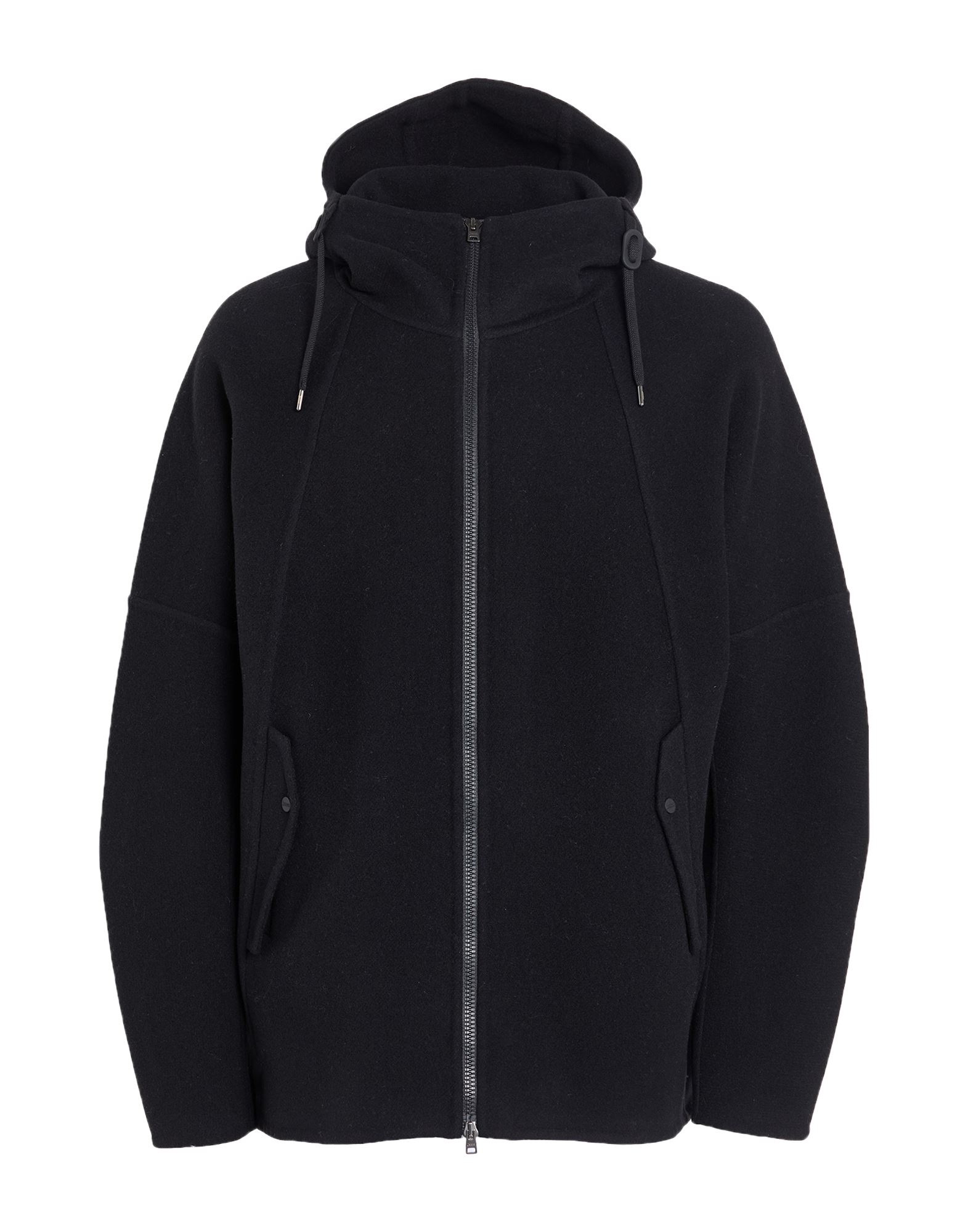 캐주얼 자켓, 펠트, 솔리드 컬러, 브랜드 로고, 후드, 싱글브레스티드, 롱 슬리브, 안감없음, 지퍼 여밈, 플랩 포켓, 드라이클리닝, 표백 금지, 건조기 사용불가. 이미지