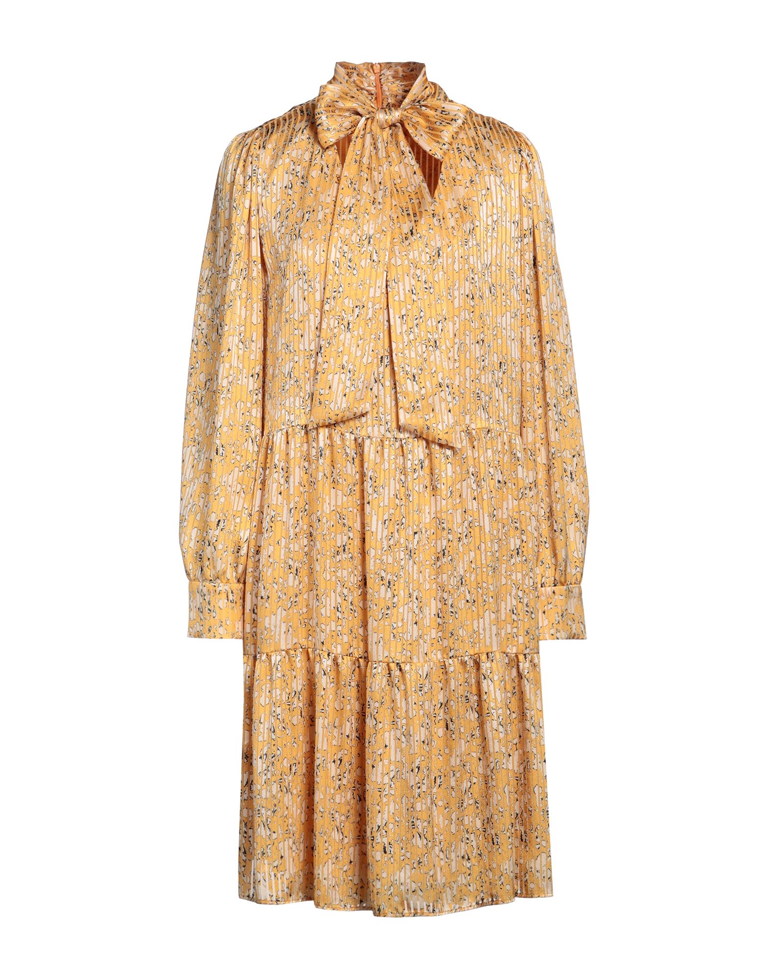 새틴, 장식 부착 없음, 멀티컬러 패턴, 보우 타이 네크라인, 롱 슬리브, 안감있음, 지퍼 여밈, 포켓 없음, 플레어 드레스. 이미지