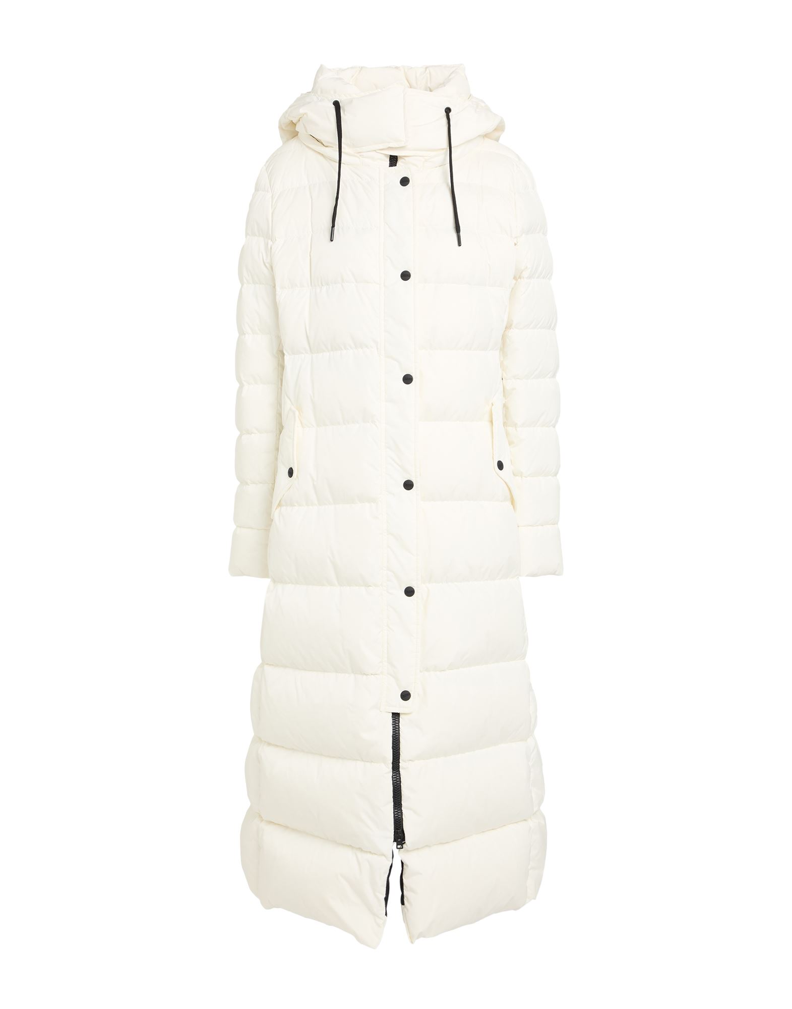 롱 다운 자켓, 테크니컬 패브릭, 솔리드 컬러, 장식 부착 없음, 후드, 롱 슬리브, 구스 다운 내장, 지퍼 여밈, 멀티 포켓, 동물성 비섬유 자재 함유, 드라이클리닝, 표백 금지, 건조기 사용불가. 이미지