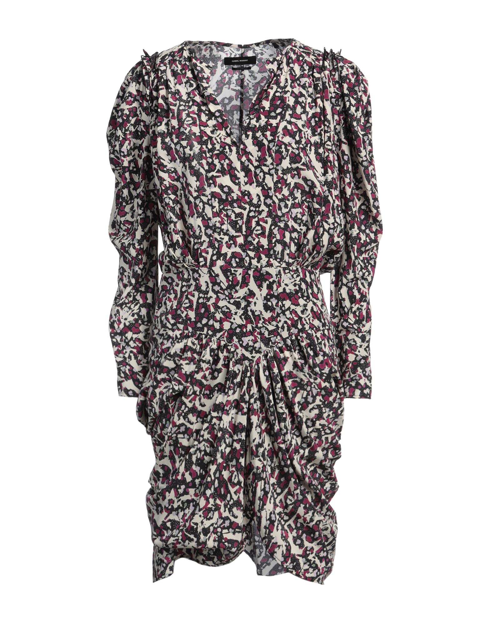 비대칭 디자인 드레스, 크레이프, 스트레치 패브릭, 멀티컬러 패턴, 개더 디테일, v 네크라인, 롱 슬리브, 셰르파 패브릭 내부, 포켓 없음, 세탁기로 세탁, 건조기 사용불가, 결혼식 하객 스타일로도 적합한 특별한 날에 어울리는 우아한 세레모니 룩. 이미지