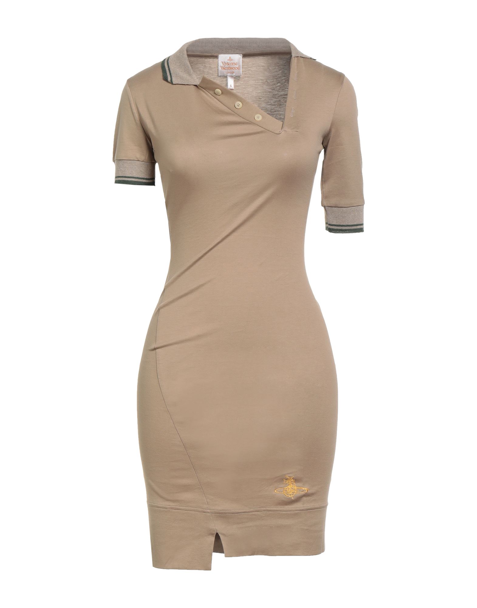 바디콘 드레스, 저지, 솔리드 컬러, 니트 트리밍, 자수 로고 장식, v 네크라인, 쇼트 슬리브, 사이드 슬릿 헴라인, 손세탁, 표백 금지, 건조기 사용불가. 이미지