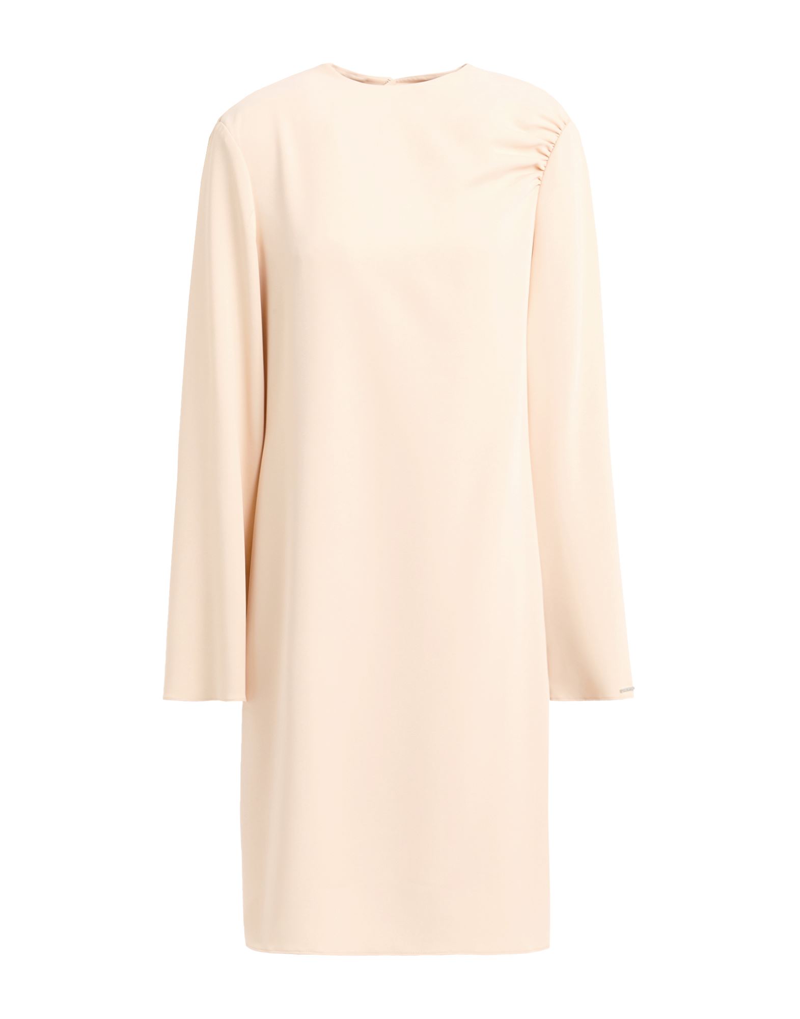 플레어 드레스, 크레이프, 솔리드 컬러, 브랜드 로고, 크루넥, 롱 슬리브, 부분적으로 안감 처리한 내부, 지퍼 여밈, 후크 여밈, 세탁기 세탁 또는 드라이클리닝, 표백 금지, 건조기 사용불가. 이미지