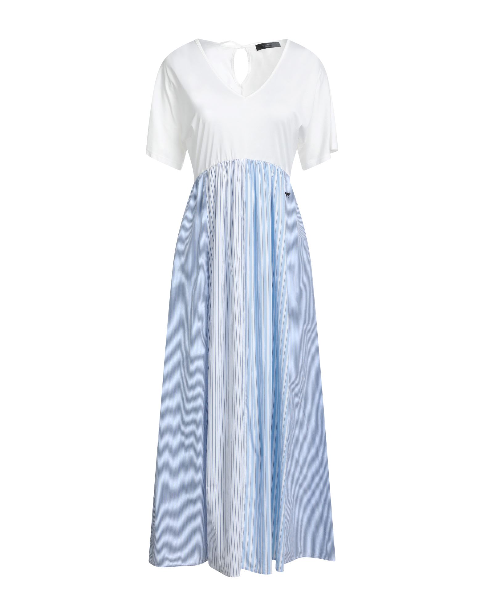 플레어 드레스, 저지, 포플린, 스트라이프, 자수 로고 장식, v 네크라인, 쇼트 슬리브, 안감없음, 타이 여밈, 슬릿 포켓, 세탁기 세탁 또는 드라이클리닝, 표백 금지, 건조기 사용불가. 이미지