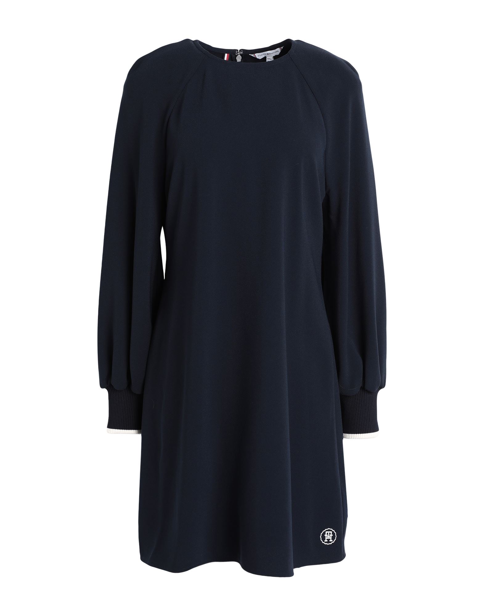 크레이프, 브랜드 로고, 솔리드 컬러, 크루넥, 롱 슬리브, 리브 조직 커프스, 안감없음, 후크 여밈, 지퍼 여밈, 플레어 드레스. 이미지