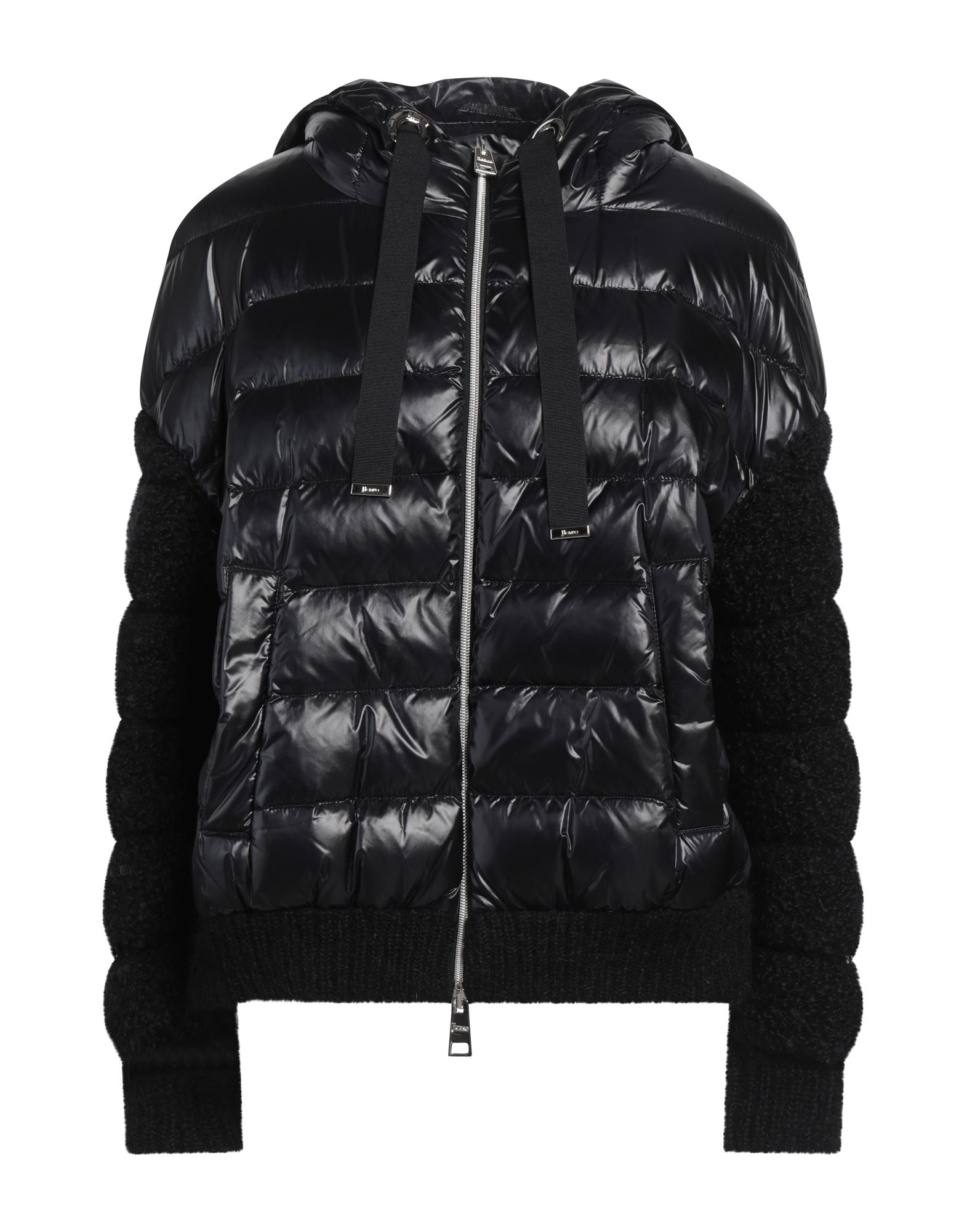 쇼트 다운 자켓, 테크니컬 패브릭, 부클레, 솔리드 컬러, 니트 트리밍, 후드, 싱글브레스티드, 롱 슬리브, 구스 다운 내장, 지퍼 여밈, 멀티 포켓, 동물성 비섬유 자재 함유, 손세탁, 표백 금지, 건조기 사용불가, 다림질 금지. 이미지