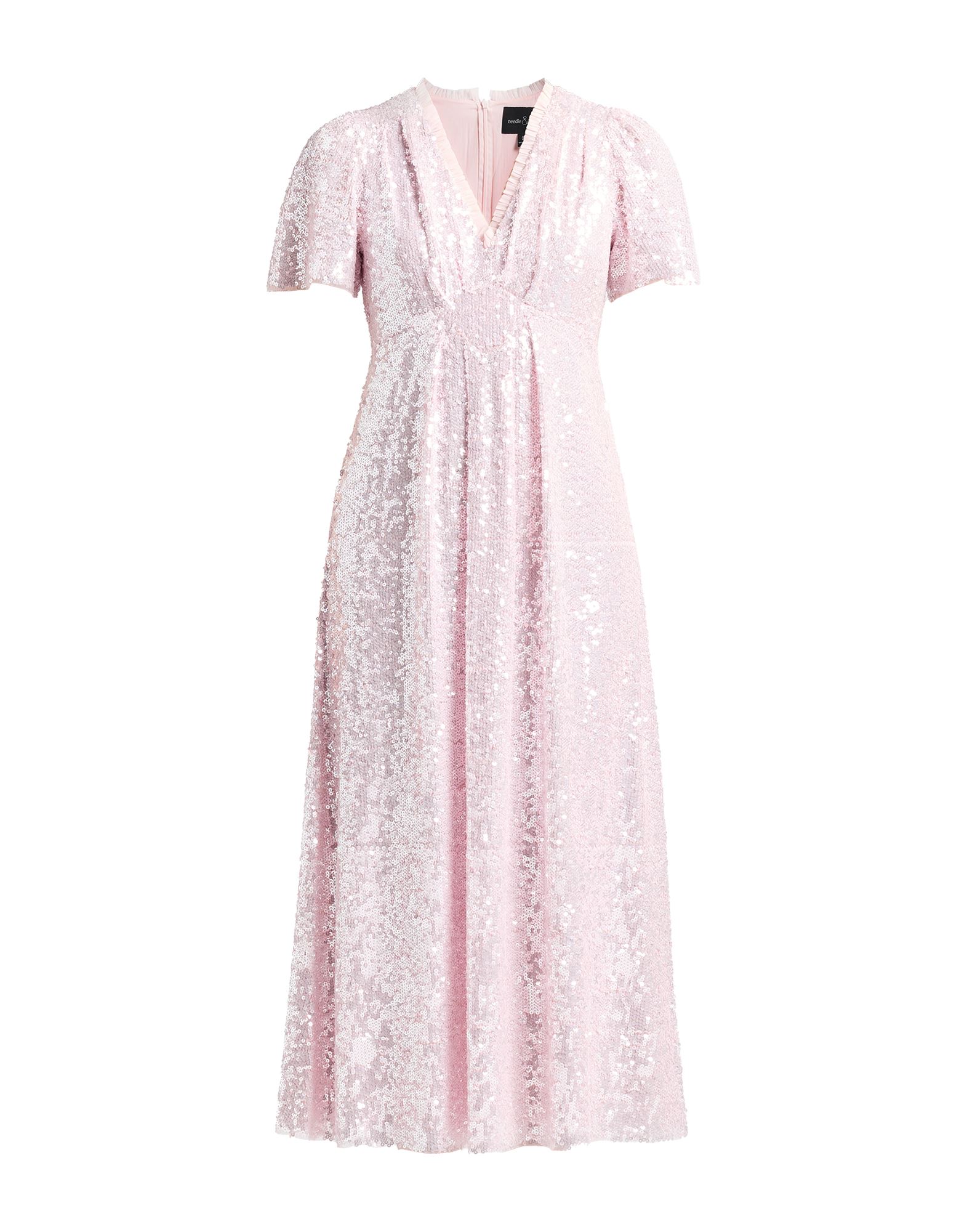 시퀸 원피스, 튤, 솔리드 컬러, 시퀸, v 네크라인, 쇼트 슬리브, 안감있음, 지퍼 여밈, 드라이클리닝, 표백 금지, 건조기 사용불가, 스타일과 우아함 그리고 화려함이 어우러진 멋진 파티 룩을 연출해줄 피스. 이미지