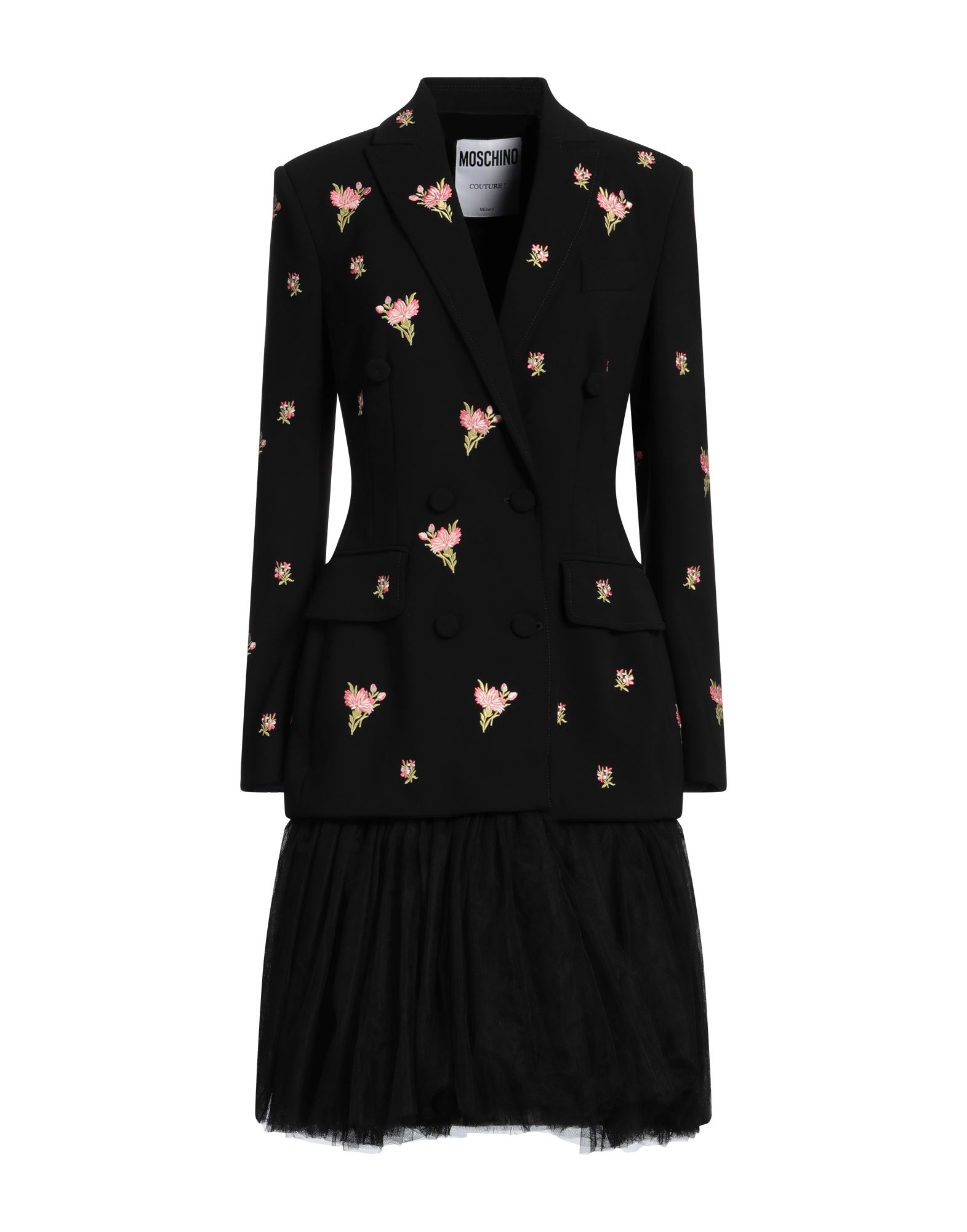 더블 브레스티드 코트, 튤, 크레이프, 플로럴 모티브, 자수 장식, 라펠, 롱 슬리브, 안감있음, 버튼 여밈, 멀티 포켓, 드라이클리닝, 표백 금지, 건조기 사용불가. 이미지