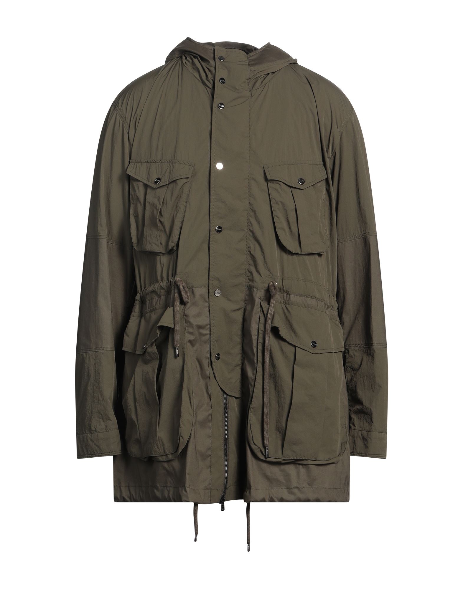 사파리 자켓, 테크니컬 패브릭, 솔리드 컬러, 브랜드 로고, 후드, 싱글브레스티드, 롱 슬리브, 안감없음, 지퍼 여밈, 버튼 여밈, 멀티 포켓, 드라이클리닝, 표백 금지, 건조기 사용불가. 이미지