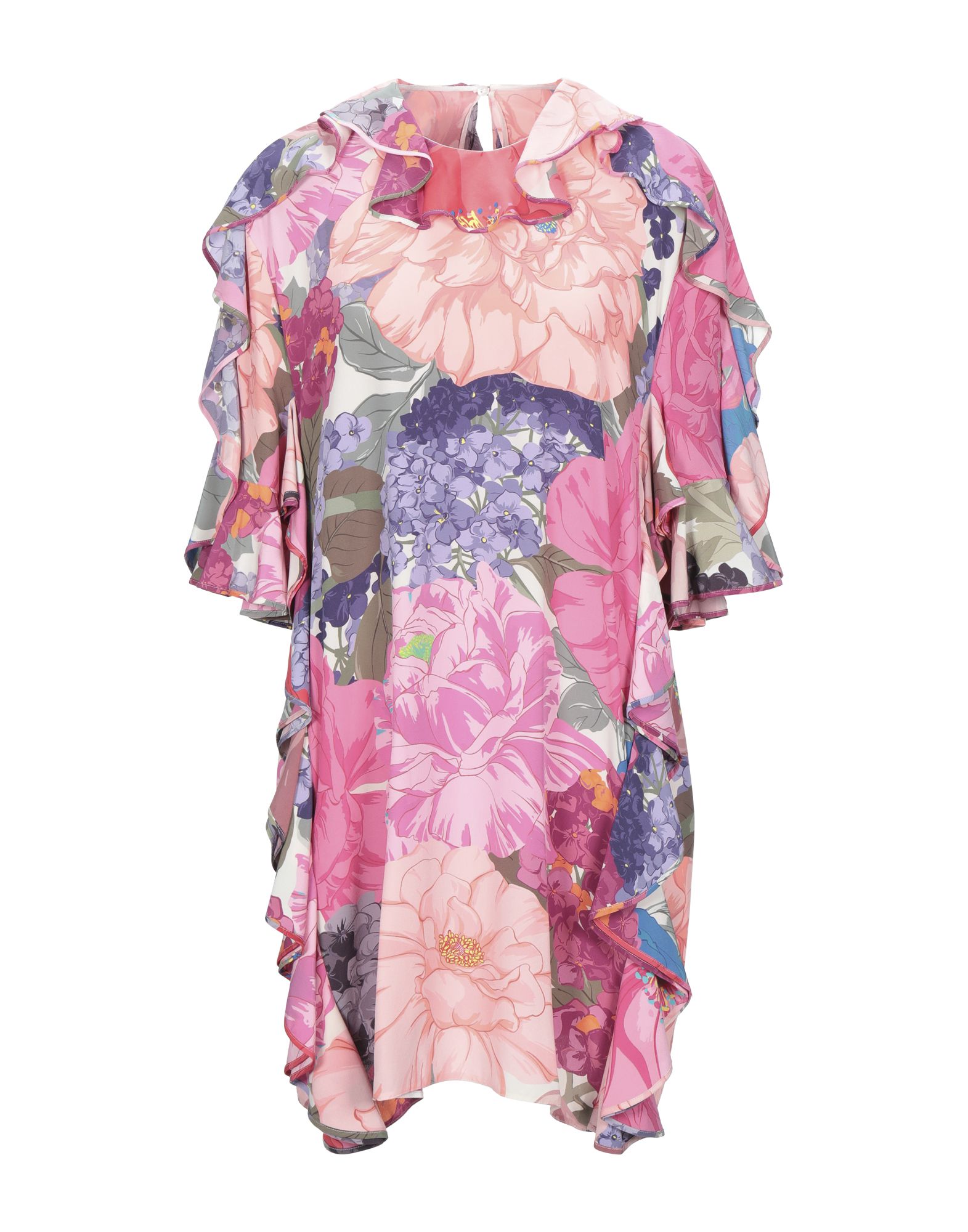 새틴, 러플, 프린트, 플로럴 모티브, 라운드 네크라인, 쇼트 슬리브, 포켓 없음, 뒤여밈, 버튼 여밈, 안감없음. 이미지