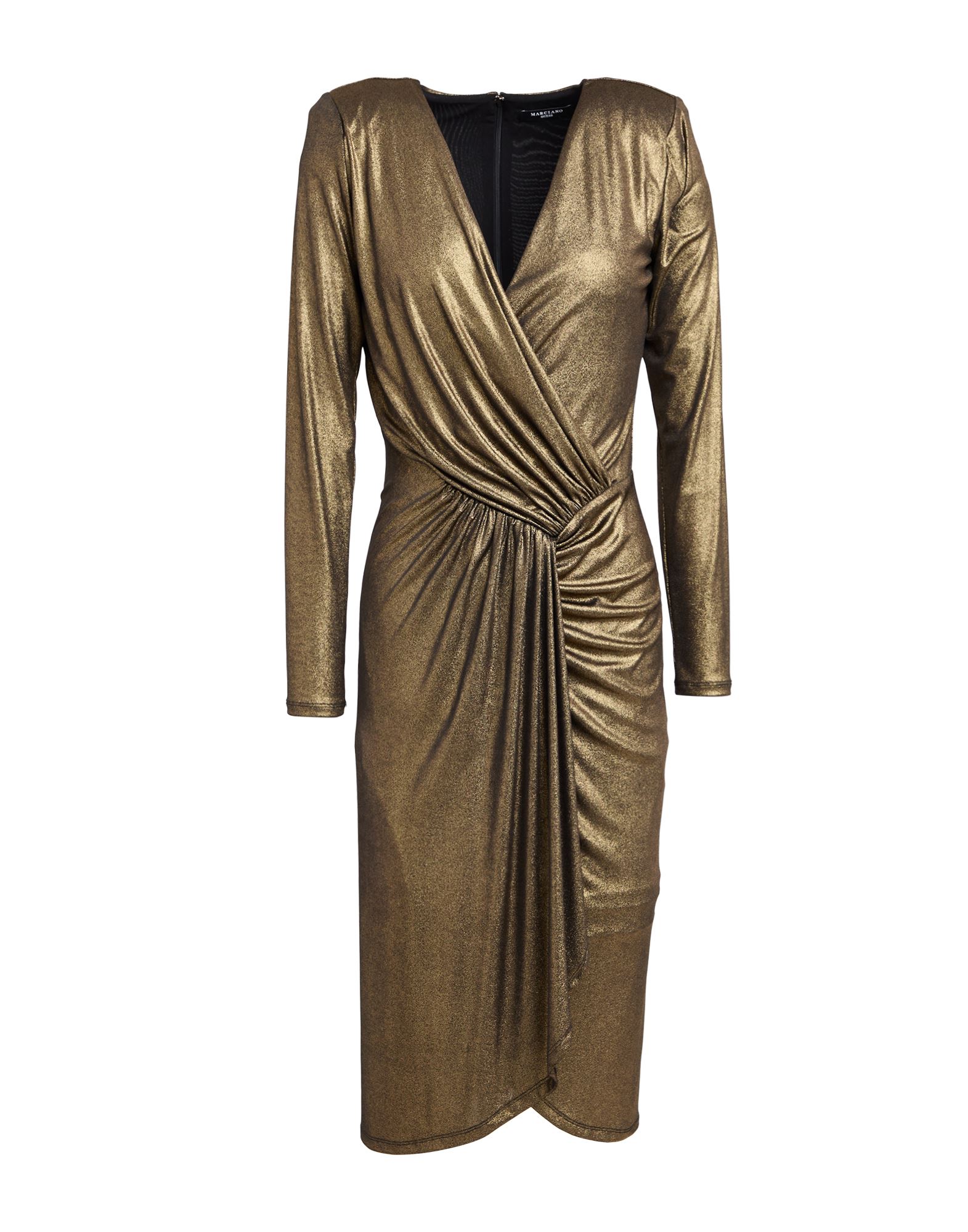 바디콘 드레스, 저지, 메탈릭 효과, 솔리드 컬러, 장식 부착 없음, 딥 네크라인, 롱 슬리브, 안감있음, 포켓 없음, 스트레치, 손세탁, 표백 금지, 건조기 사용불가. 이미지