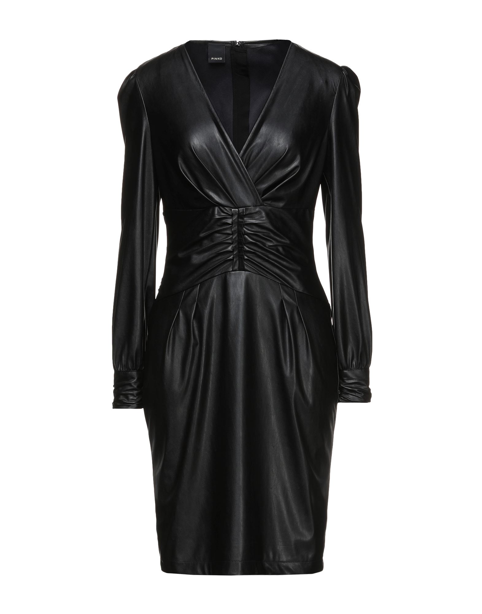 바디콘 드레스, 인조가죽, 솔리드 컬러, 개더 디테일, 다트, 딥 네크라인, 롱 슬리브, 안감없음, 지퍼 여밈, 후크 여밈, 포켓 없음, 손세탁, 표백 금지, 건조기 사용불가, 다림질 금지, 스타일과 우아함 그리고 화려함이 어우러진 멋진 파티 룩을 연출해줄 피스. 이미지