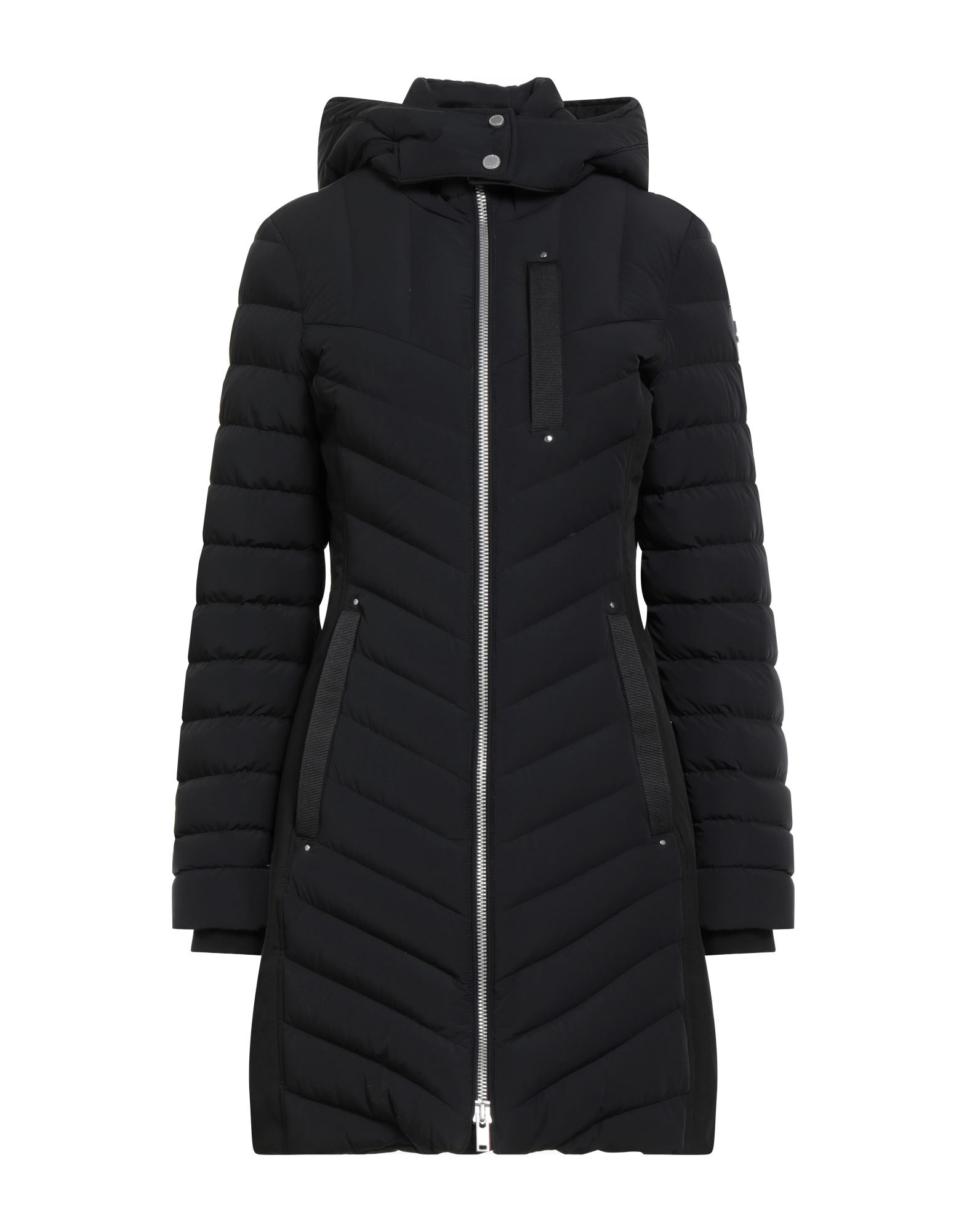 롱 다운 자켓, 테크니컬 패브릭, 퀼팅, 스트레치 패브릭, 브랜드 로고, 투톤 패턴, 후드, 롱 슬리브, 구스 다운 내장, 헤비 패딩, 지퍼 여밈, 멀티 포켓, 동물성 비섬유 자재 함유, 손세탁 또는 드라이클리닝, 건조기 사용불가. 이미지