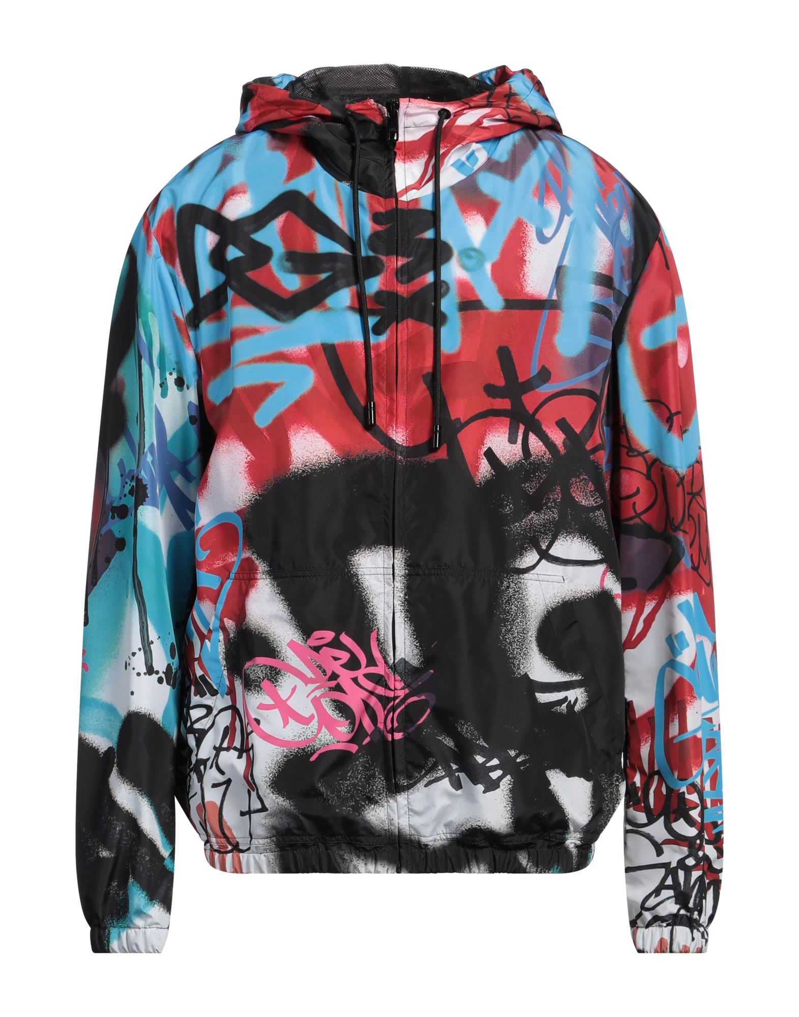 윈드브레이커, 테크니컬 패브릭, 멀티컬러 패턴, 브랜드 로고, 후드, 싱글브레스티드, 롱 슬리브, 안감있음, 지퍼 여밈, 멀티 포켓, 드라이클리닝, 표백 금지, 건조기 사용불가. 이미지