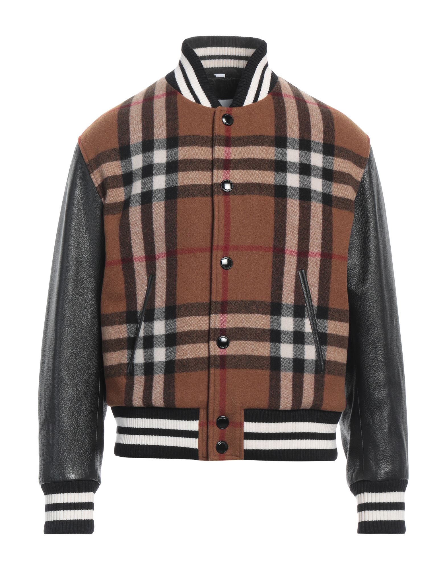 보머 자켓, 가죽, 플란넬, 브랜드 로고, 시그니처 프린트, 크루넥, 싱글브레스티드, 롱 슬리브, 안감있음, 지퍼 여밈, 멀티 포켓, 동물성 비섬유 자재 함유, 물세탁 불가, 표백 금지, 건조기 사용불가, 다림질 금지. 이미지