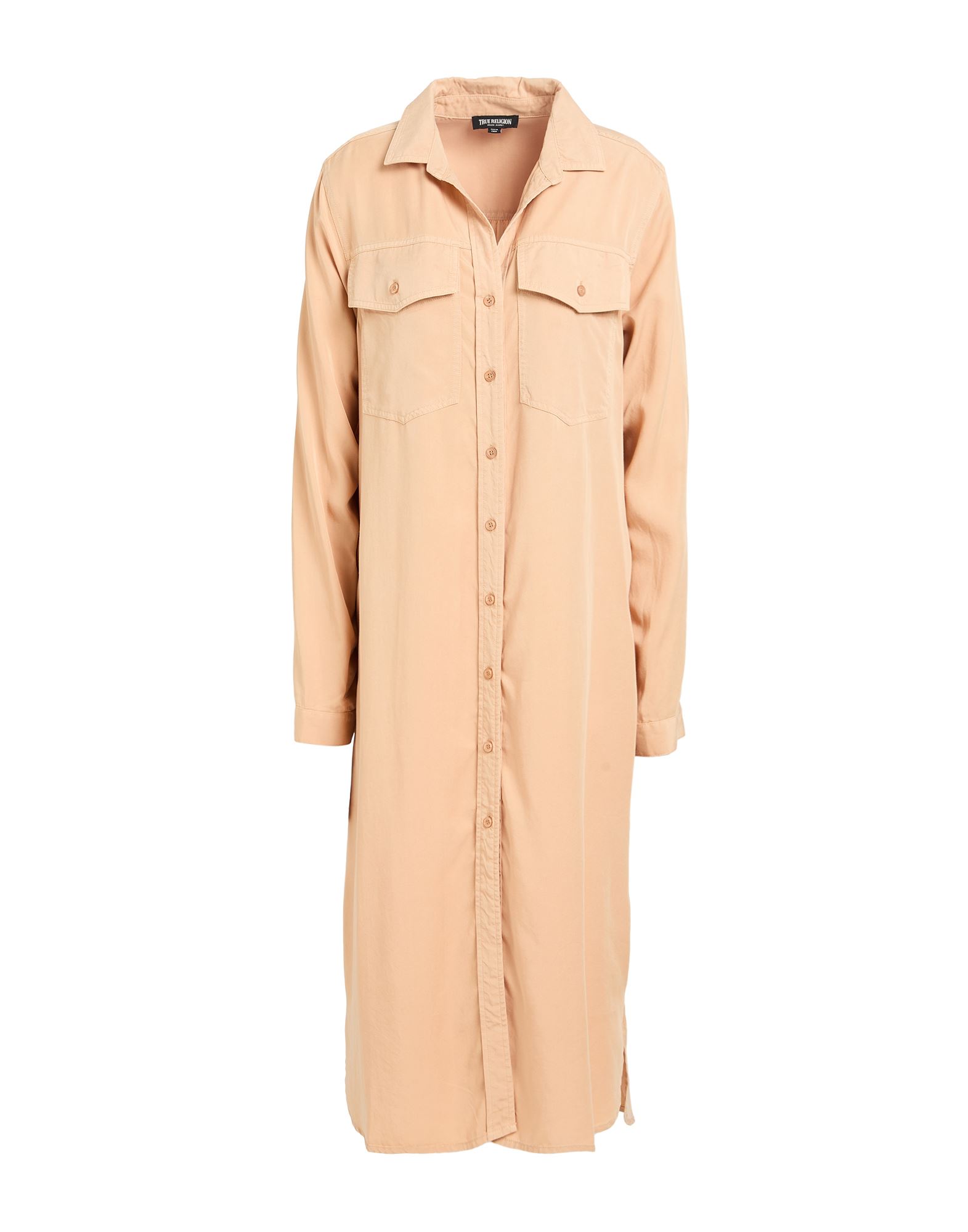 셔츠 드레스, 트윌, 솔리드 컬러, 브랜드 로고, 캠프 칼라, 롱 슬리브, 버튼 커프스, 버튼 여밈, 멀티 포켓, 세탁기로 세탁, 표백 금지, 건조기 사용가능. 이미지