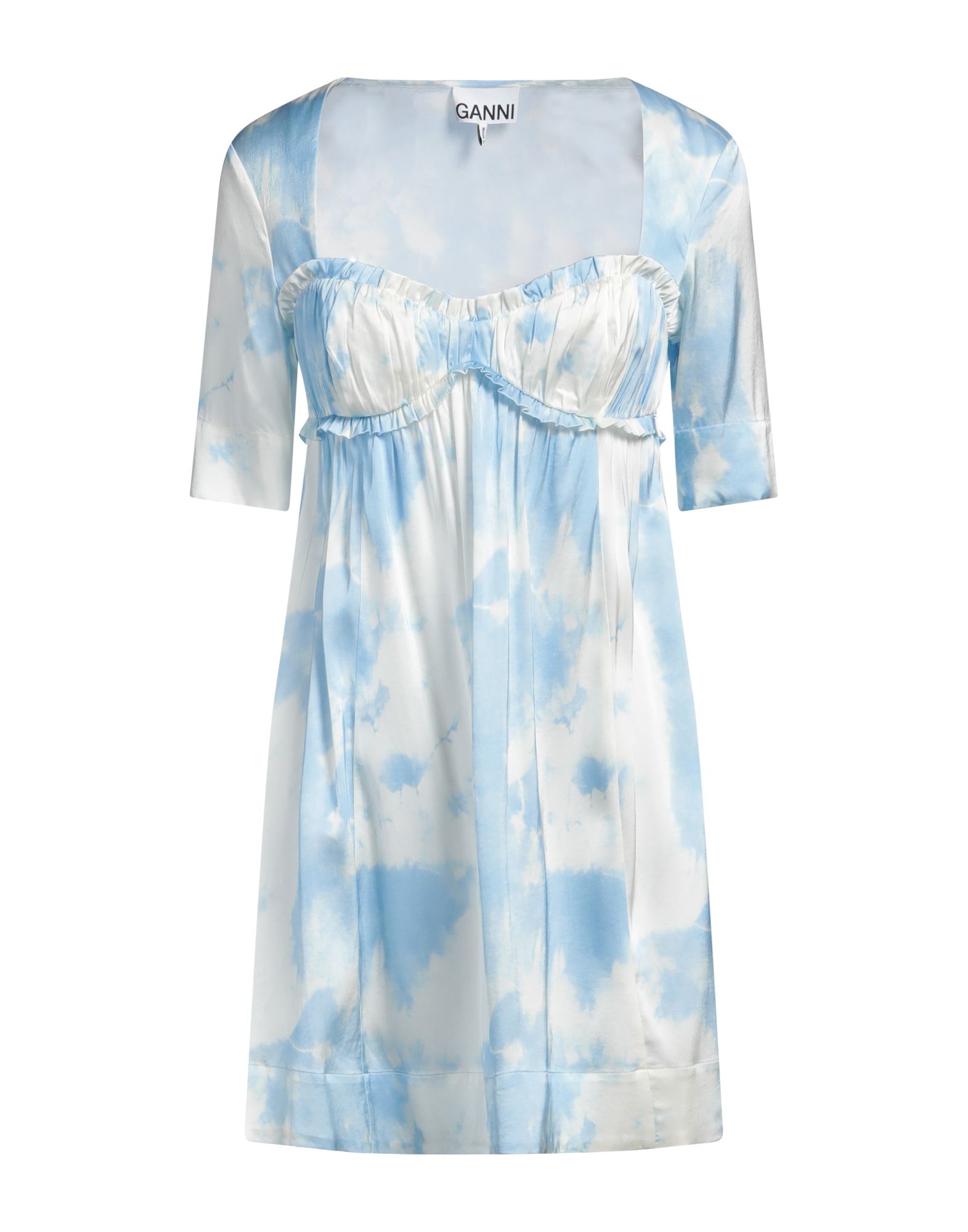 플레어 드레스, 새틴, 투톤 패턴, 개더 디테일, 딥 네크라인, 쇼트 슬리브, 안감없음, 지퍼 여밈, 포켓 없음, 스트레치. 이미지