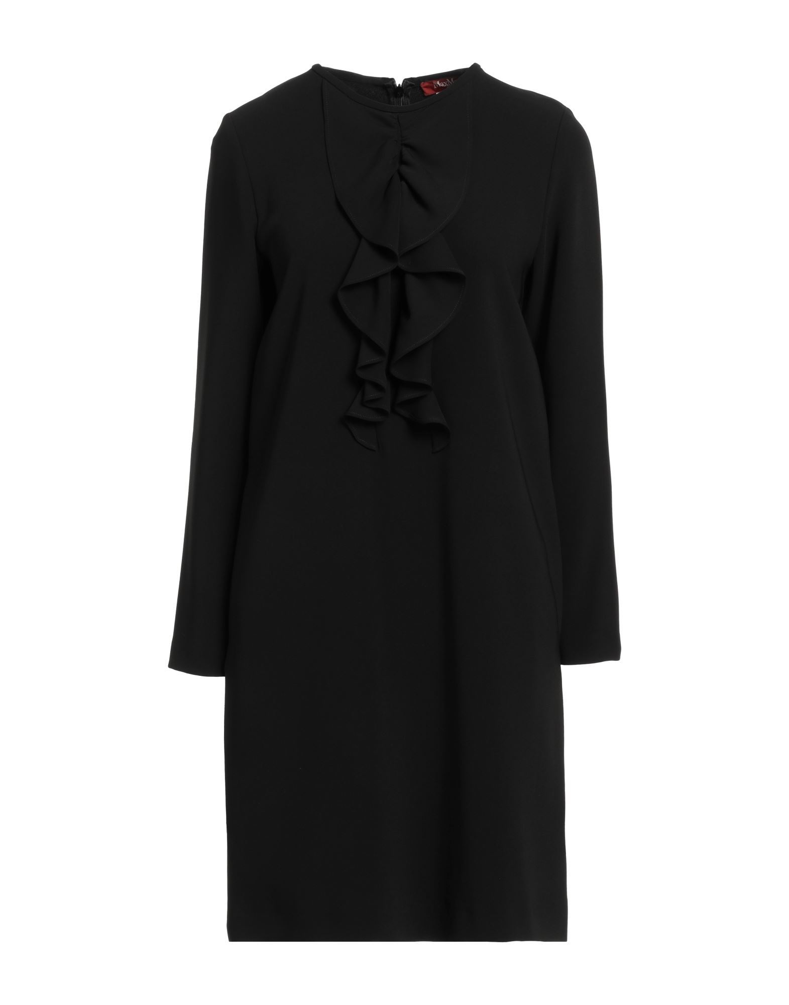 크레이프, 러플, 솔리드 컬러, 크루넥, 롱 슬리브, 안감없음, 지퍼 클로저, 멀티 포켓, 트라페즈 스커트. 이미지