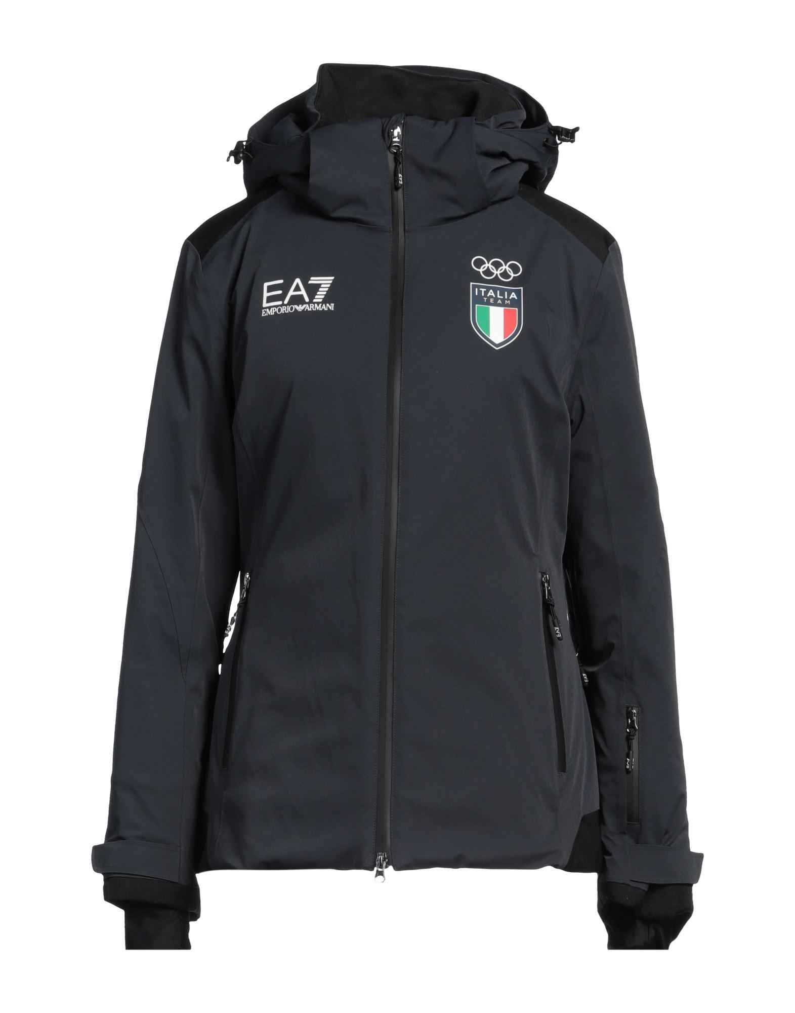 캐주얼 자켓, 테크니컬 패브릭, 브랜드 로고, 프린트, 투톤 패턴, 목 부분의 분리 가능한 후드, 싱글브레스티드, 롱 슬리브, 합성 충전재, 지퍼 여밈, 멀티 포켓, 스트레치, 세탁기로 세탁, 표백 금지, 건조기 사용불가, 다림질 금지. 이미지