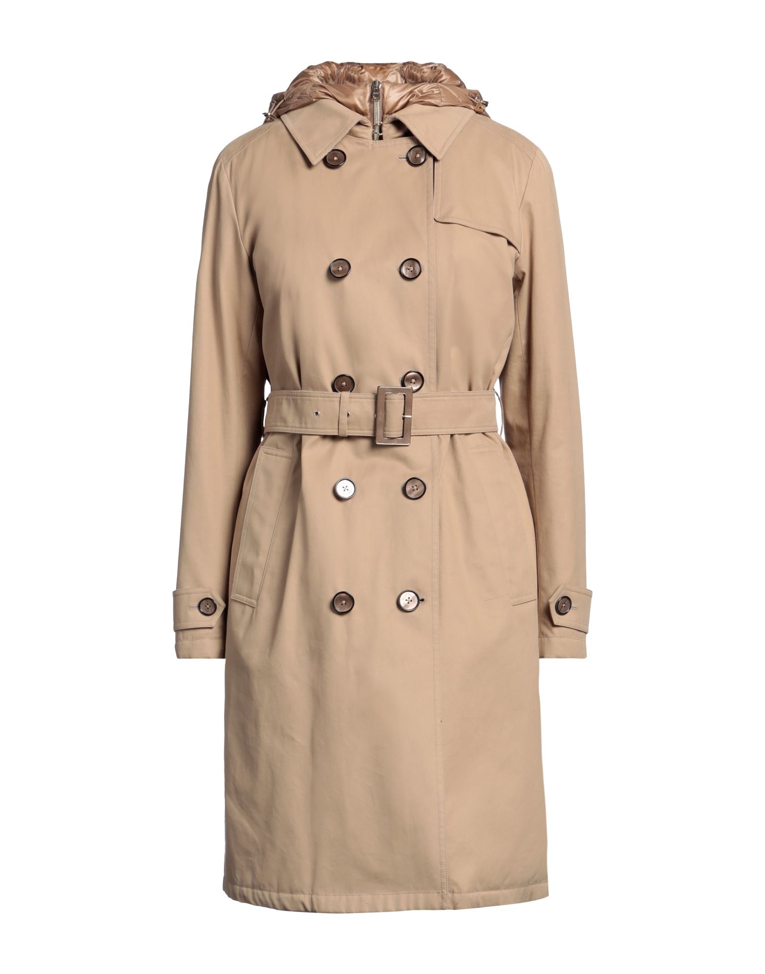 우븐, 테크니컬 패브릭, 벨트, 솔리드 컬러, 목 부분의 분리 가능한 후드, 더블브레스티드, 롱 슬리브, 구스 다운 내장, 버튼 여밈, 멀티 포켓, 동물성 비섬유 자재 함유, 더블브레스티드 자켓. 이미지