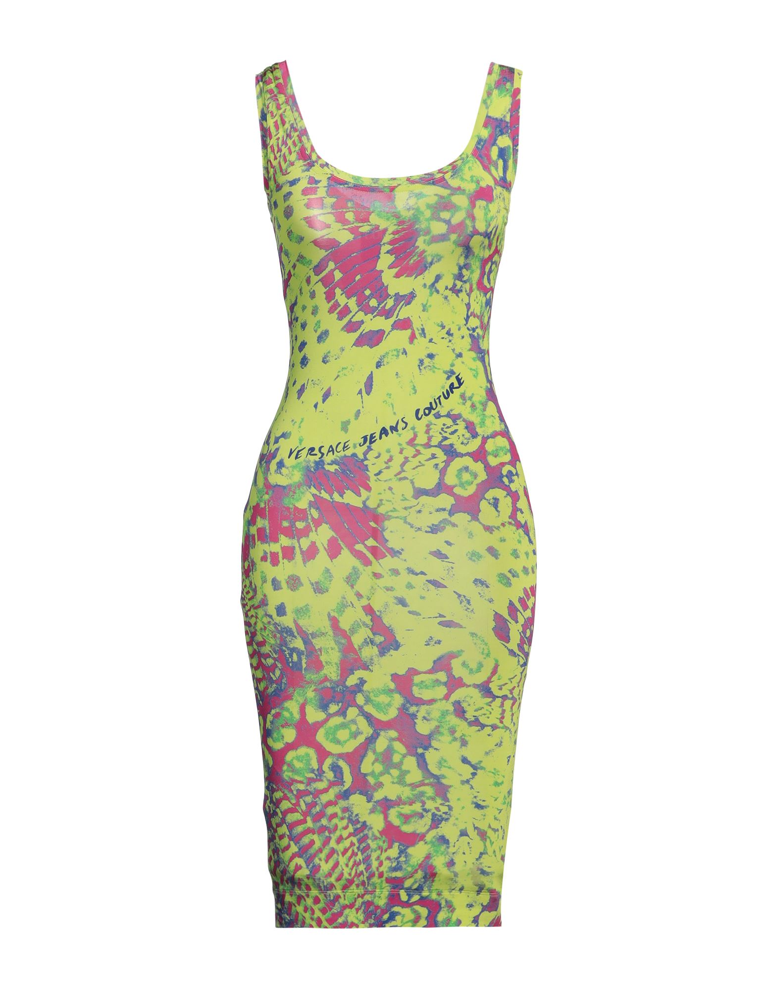 바디콘 드레스, 저지, 멀티컬러 패턴, 브랜드 로고, 크루넥, 슬리브리스, 안감없음, 포켓 없음, 스트레치, 세탁기 세탁 또는 드라이클리닝, 표백 금지, 건조기 사용불가. 이미지