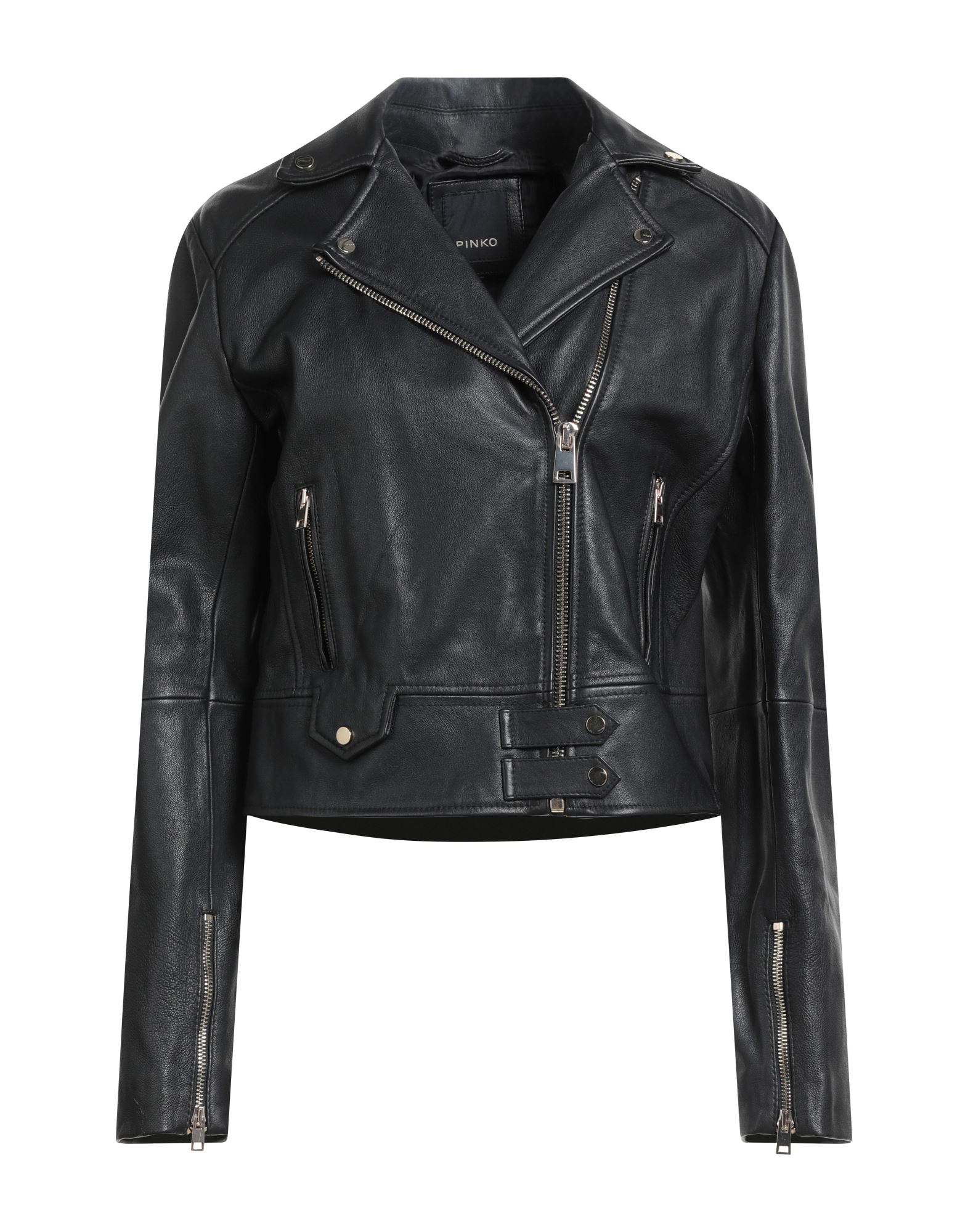 바이커 자켓, 가죽, 장식 부착 없음, 솔리드 컬러, 라펠, 롱 슬리브, 지퍼 커프스, 안감있음, 지퍼 여밈, 지퍼 포켓, 동물성 비섬유 자재 함유, 물세탁 불가, 표백 금지, 건조기 사용불가, 다림질 금지. 이미지