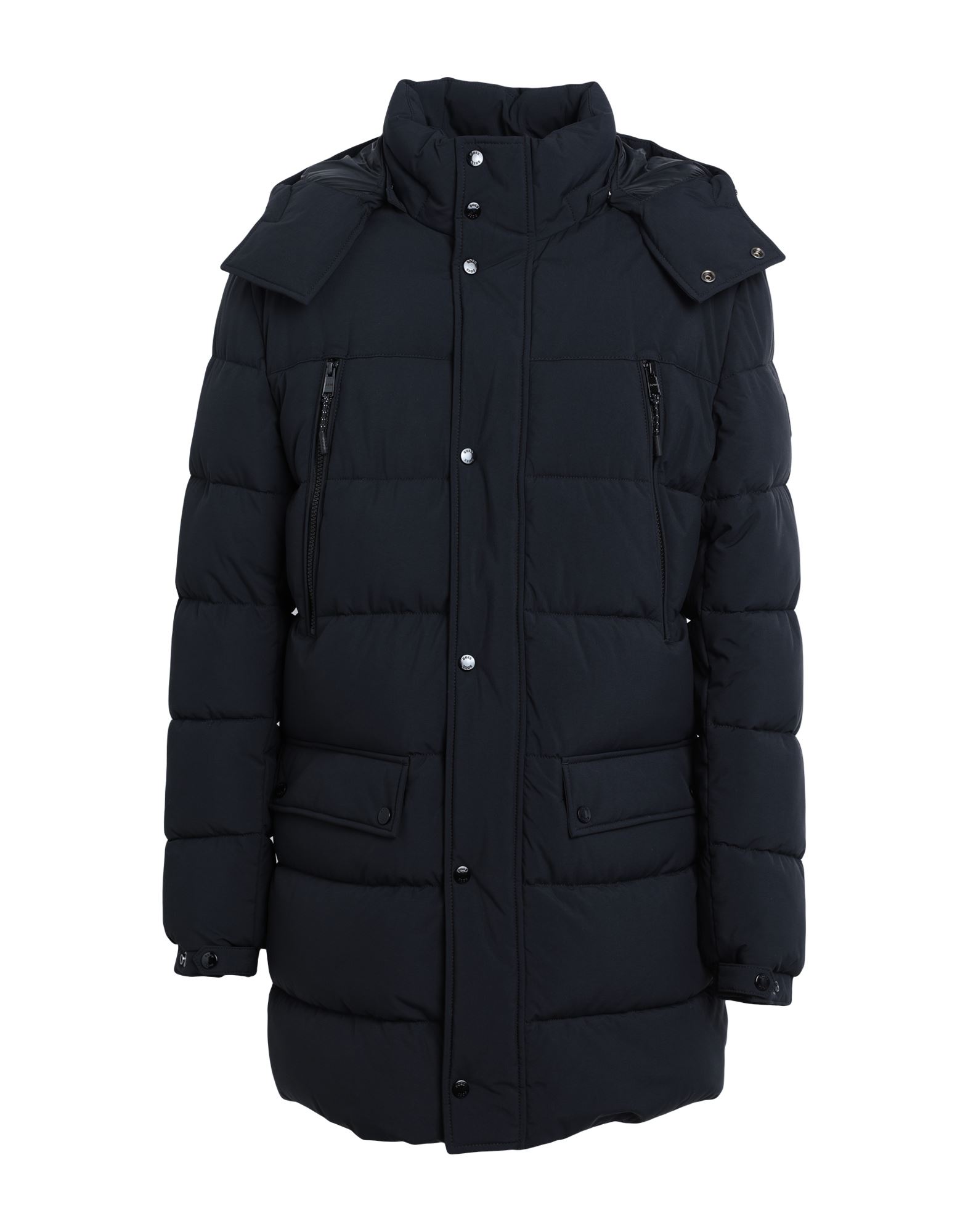 롱 패딩 자켓, 테크니컬 패브릭, 퀼팅, 솔리드 컬러, 브랜드 로고, 목 부분의 분리 가능한 후드, 싱글브레스티드, 롱 슬리브, 스냅버튼 커프스, 합성 충전재, 스냅버튼 여밈, 지퍼 여밈, 지퍼 포켓, 플랩 포켓, 손세탁 또는 드라이클리닝, 건조기 사용불가. 이미지