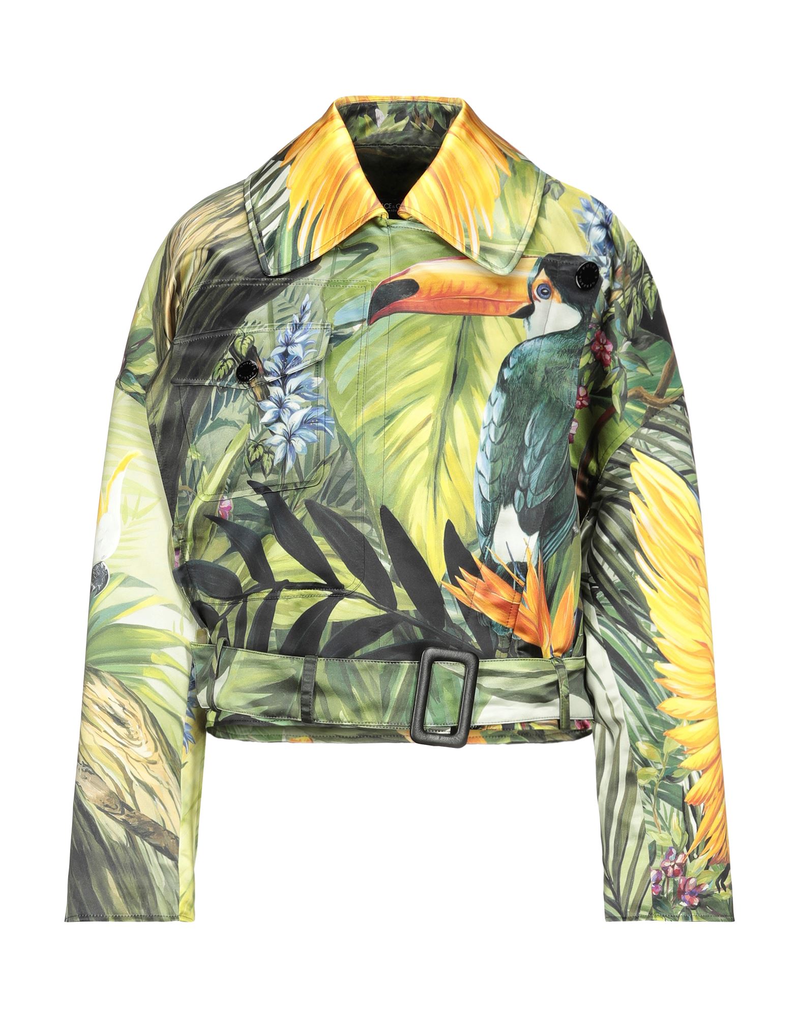 바이커 자켓, 새틴, 멀티컬러 패턴, 벨트, 클래식 칼라, 싱글브레스티드, 롱 슬리브, 안감있음, 멀티 포켓. 이미지