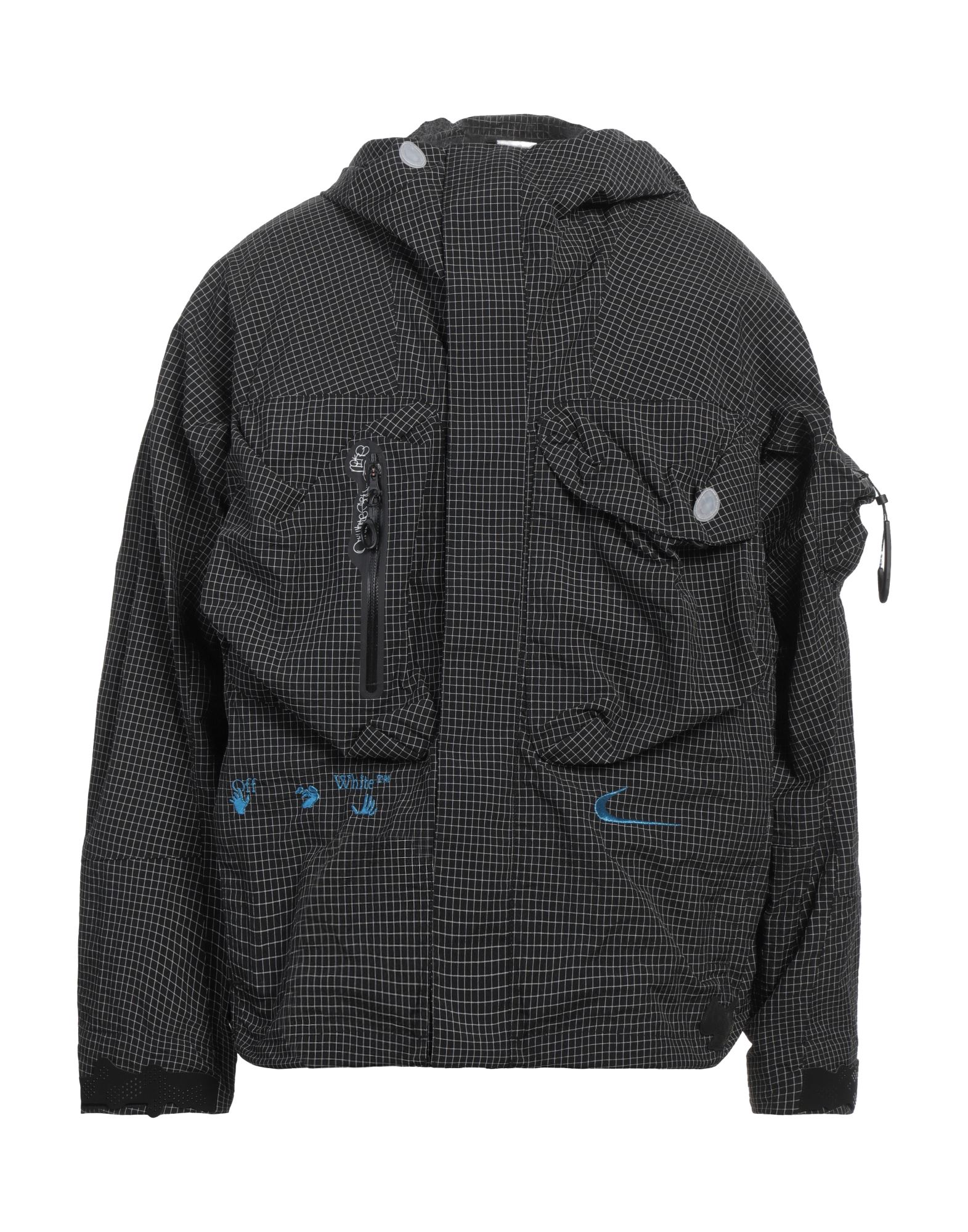 윈드브레이커, 테크니컬 패브릭, 체크, 자수 로고 장식, 후드, 싱글브레스티드, 롱 슬리브, 안감없음, 지퍼 여밈, 멀티 포켓, 세탁기로 세탁, 표백 금지, 건조기 사용가능. 이미지