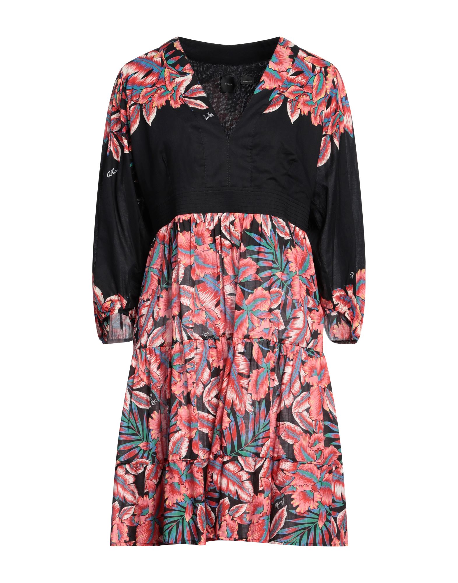 플레어 드레스, 우븐, 플로럴 모티브, 브랜드 로고, 티어드, v 네크라인, 3/4길이 슬리브, 안감없음, 지퍼 여밈, 포켓 없음, 세탁기 세탁 또는 드라이클리닝, 표백 금지, 건조기 사용불가. 이미지