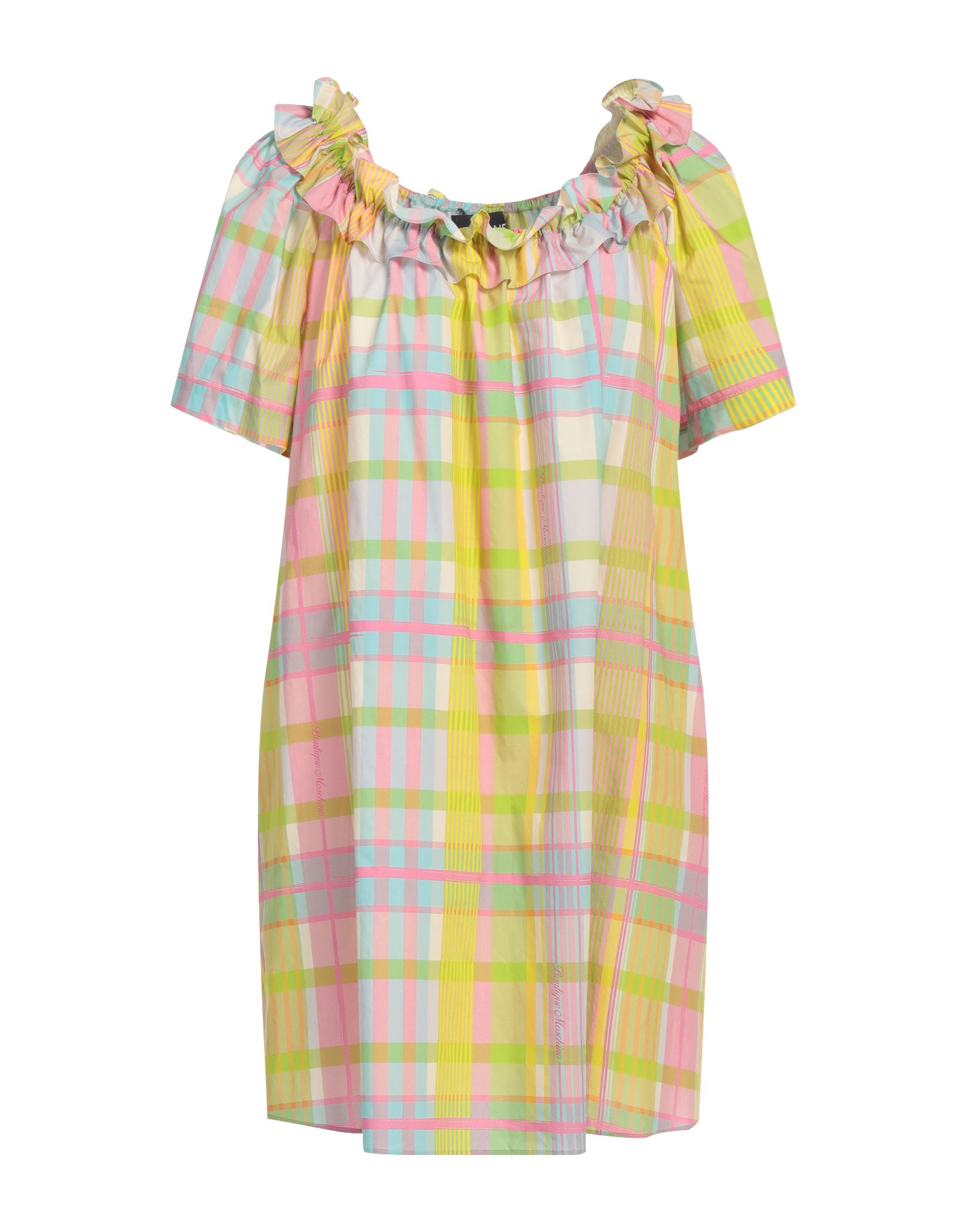 우븐, 장식 부착 없음, 타탄체크, 와이드 네크라인, 쇼트 슬리브, 안감없음, 포켓 없음, 플레어 드레스. 이미지