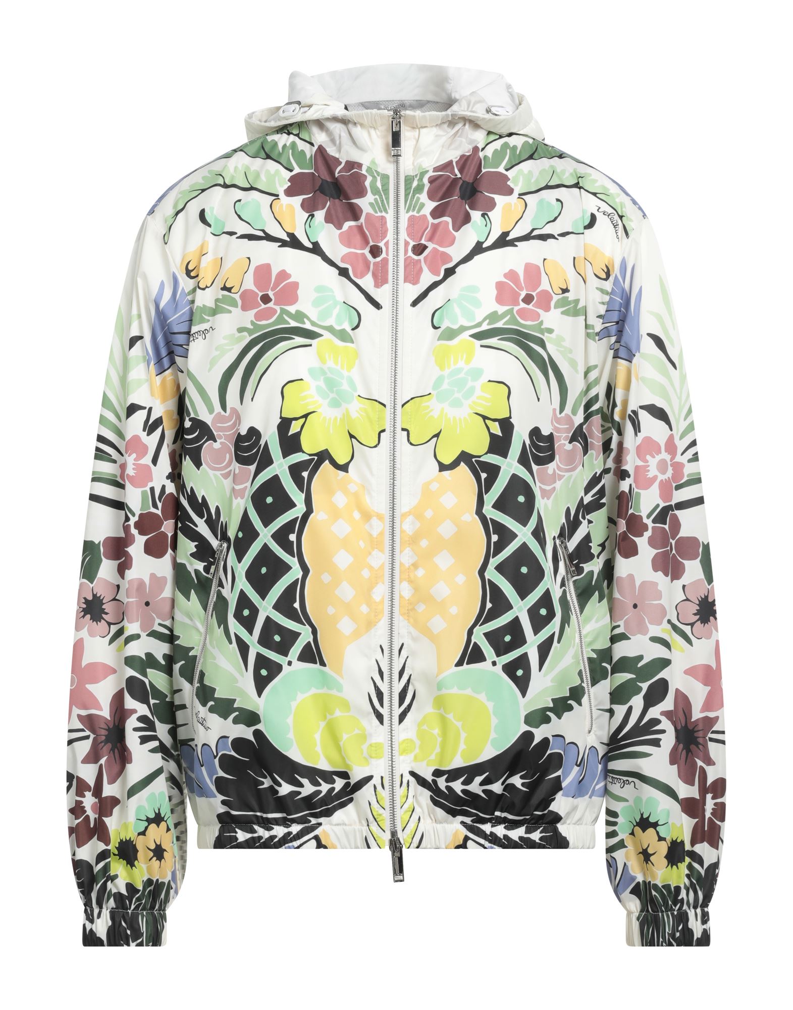 캐주얼 자켓, 테크니컬 패브릭, 브랜드 로고, 플로럴 모티브, 후드, 싱글브레스티드, 롱 슬리브, 안감있음, 지퍼 여밈, 멀티 포켓, 드라이클리닝, 표백 금지, 건조기 사용불가. 이미지