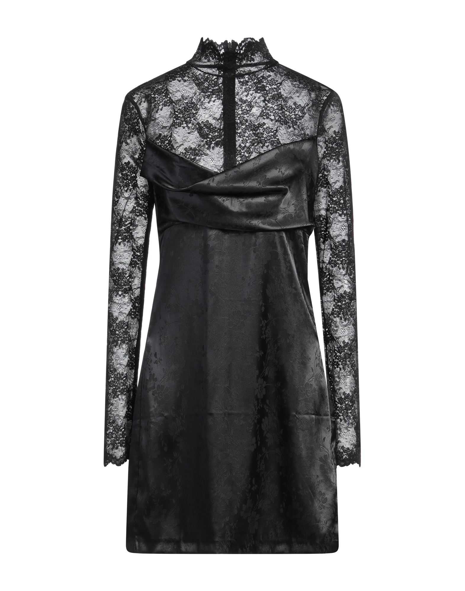 바디콘 드레스, 자카드, 레이스, 플로럴 모티브, 브랜드 로고, 드레이프, 터틀넥, 롱 슬리브, 안감없음, 지퍼 여밈, 스트레치, 세탁기로 세탁, 표백 금지, 건조기 사용불가. 이미지