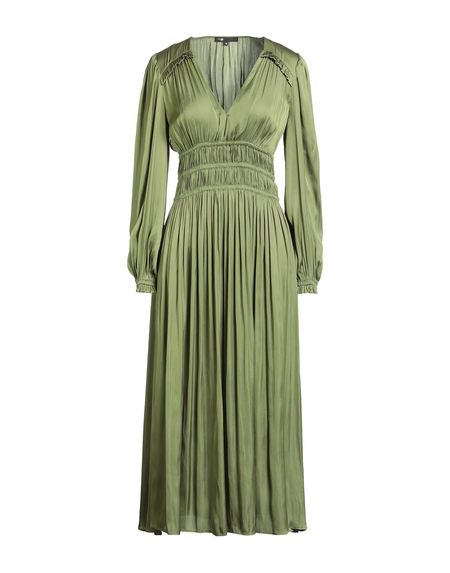 플레어 드레스, 새틴, 솔리드 컬러, 개더 디테일, v 네크라인, 롱 슬리브, 안감없음, 세탁기 세탁 또는 드라이클리닝, 표백 금지, 건조기 사용불가. 이미지