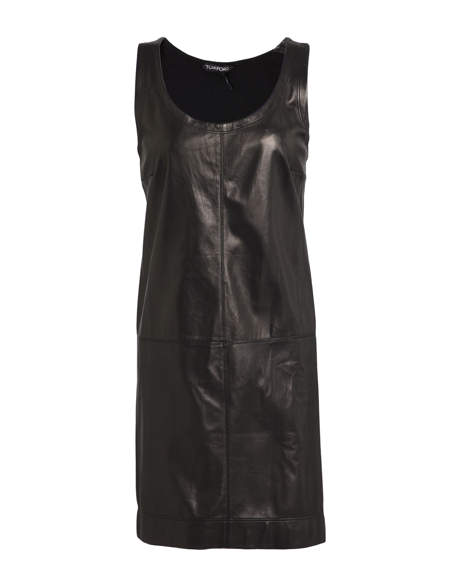 바디콘 드레스, 가죽, 저지, 리브(rib) 조직, 솔리드 컬러, 장식 부착 없음, 크루넥, 슬리브리스, 안감없음, 동물성 비섬유 자재 함유, 드라이클리닝 금지, 표백 금지, 건조기 사용불가, 스타일과 우아함 그리고 화려함이 어우러진 멋진 파티 룩을 연출해줄 피스. 이미지