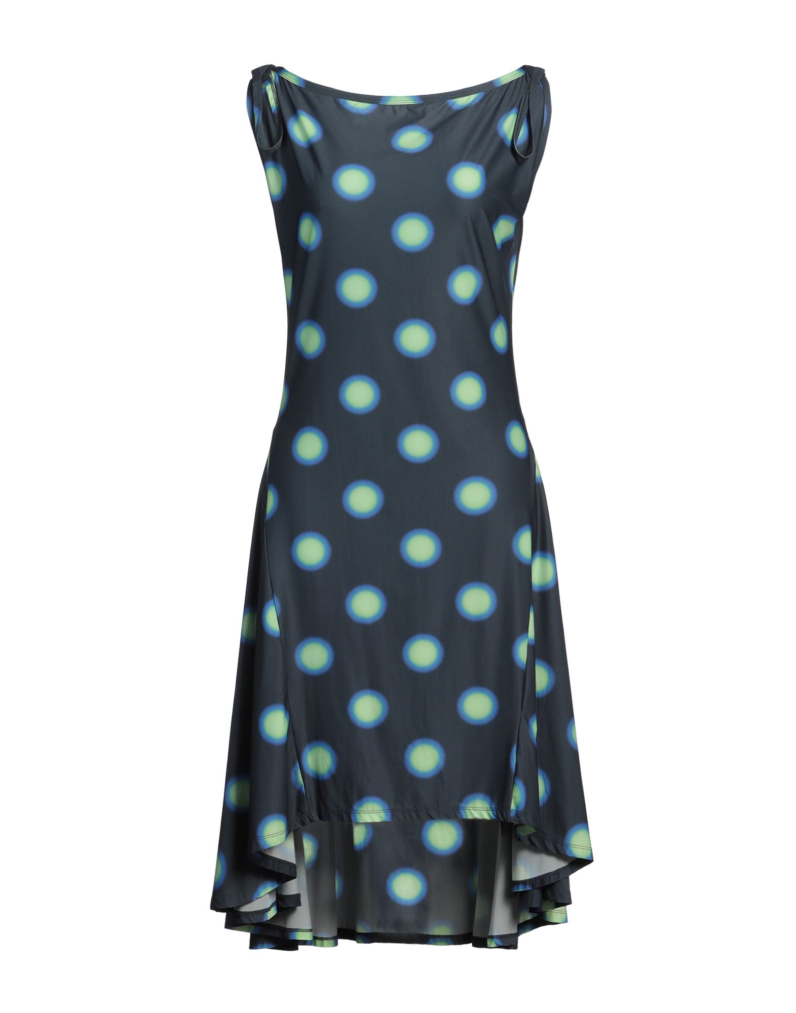 비대칭 디자인 드레스, 합성 저지, 기하학 패턴, 장식 부착 없음, 와이드 네크라인, 슬리브리스, 안감없음, 포켓 없음, 스트레치, 물세탁 불가, 표백 금지, 건조기 사용불가. 이미지